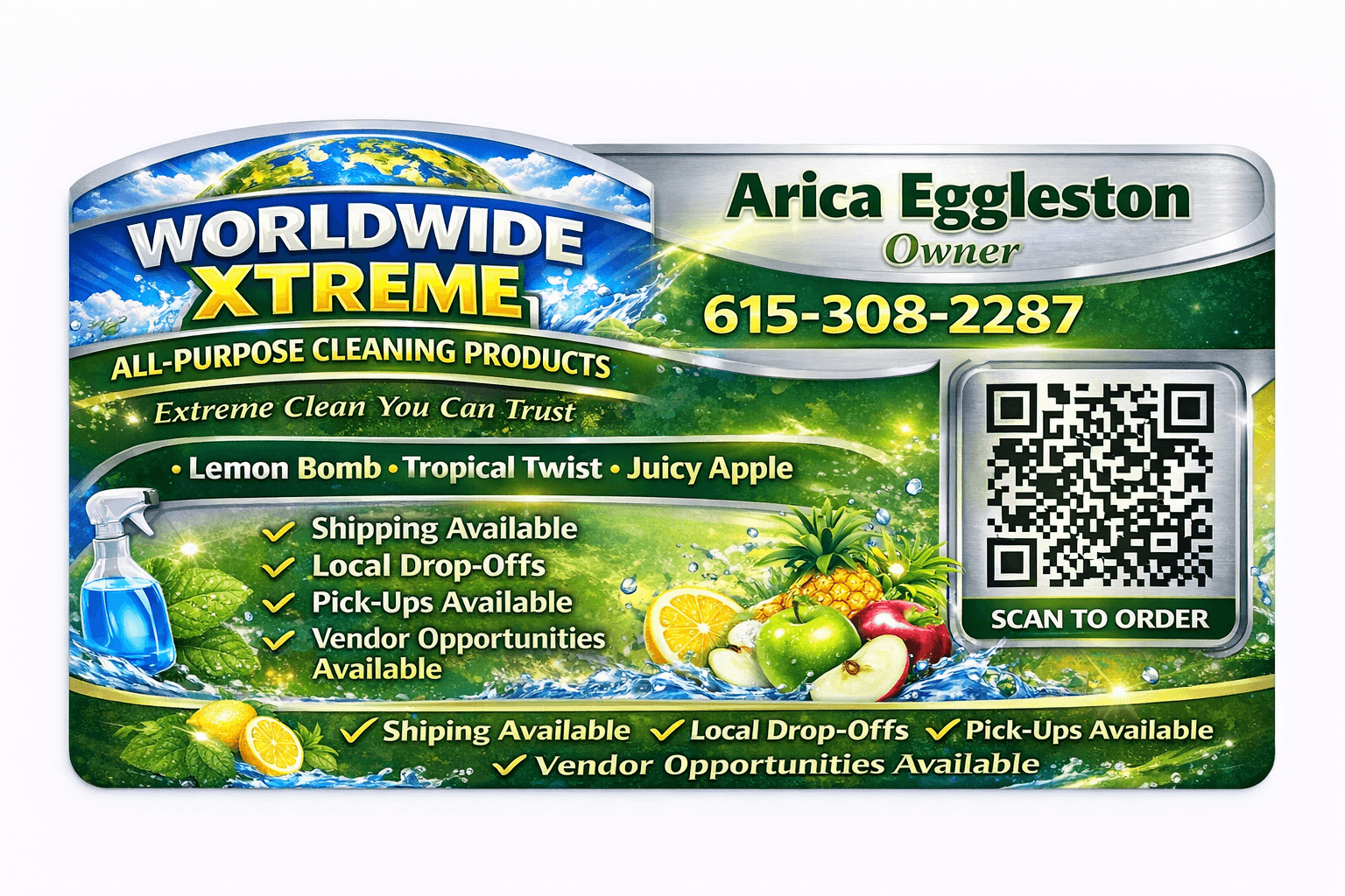 Business card for Arica Eggleston, owner of Worldwide Xtreme cleaning products, with a QR code, phone number, and green background.