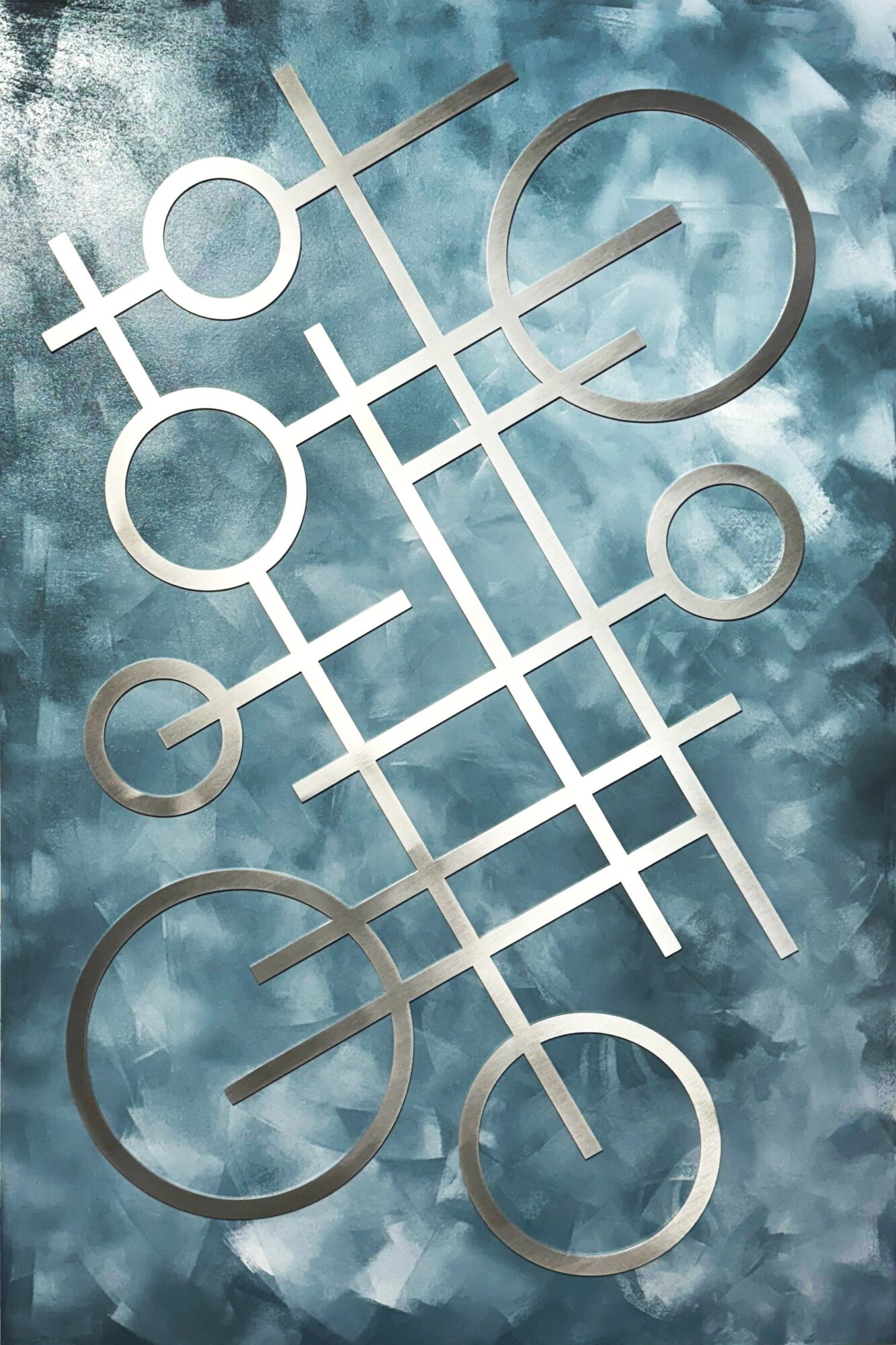 Abstract geometric design with circles and lines over a cloudy sky background.