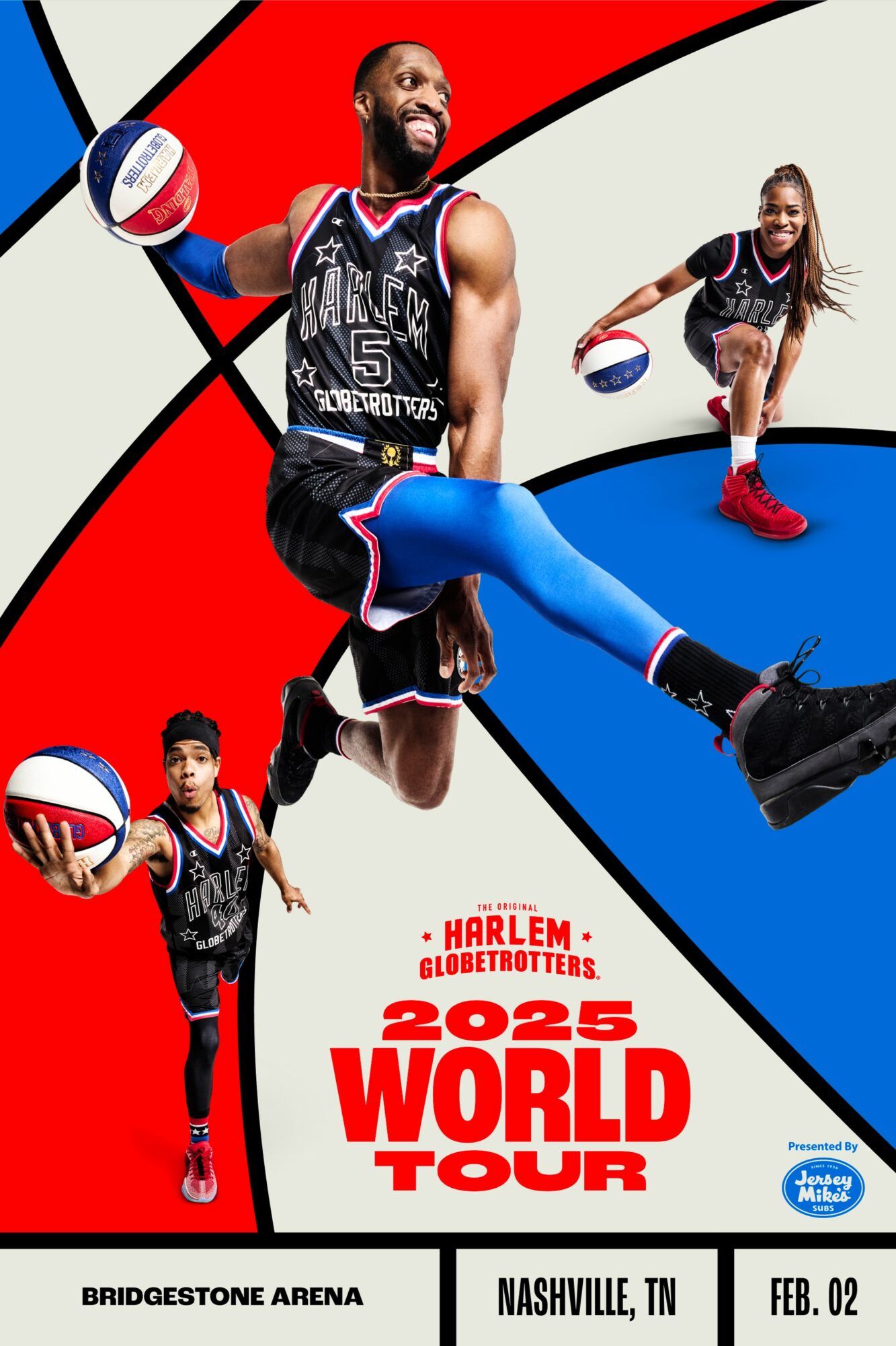 Two basketball players in Harlem Globetrotters uniforms with basketballs, one jumping and one dribbling, against a colorful background, promoting the 2025 World Tour.