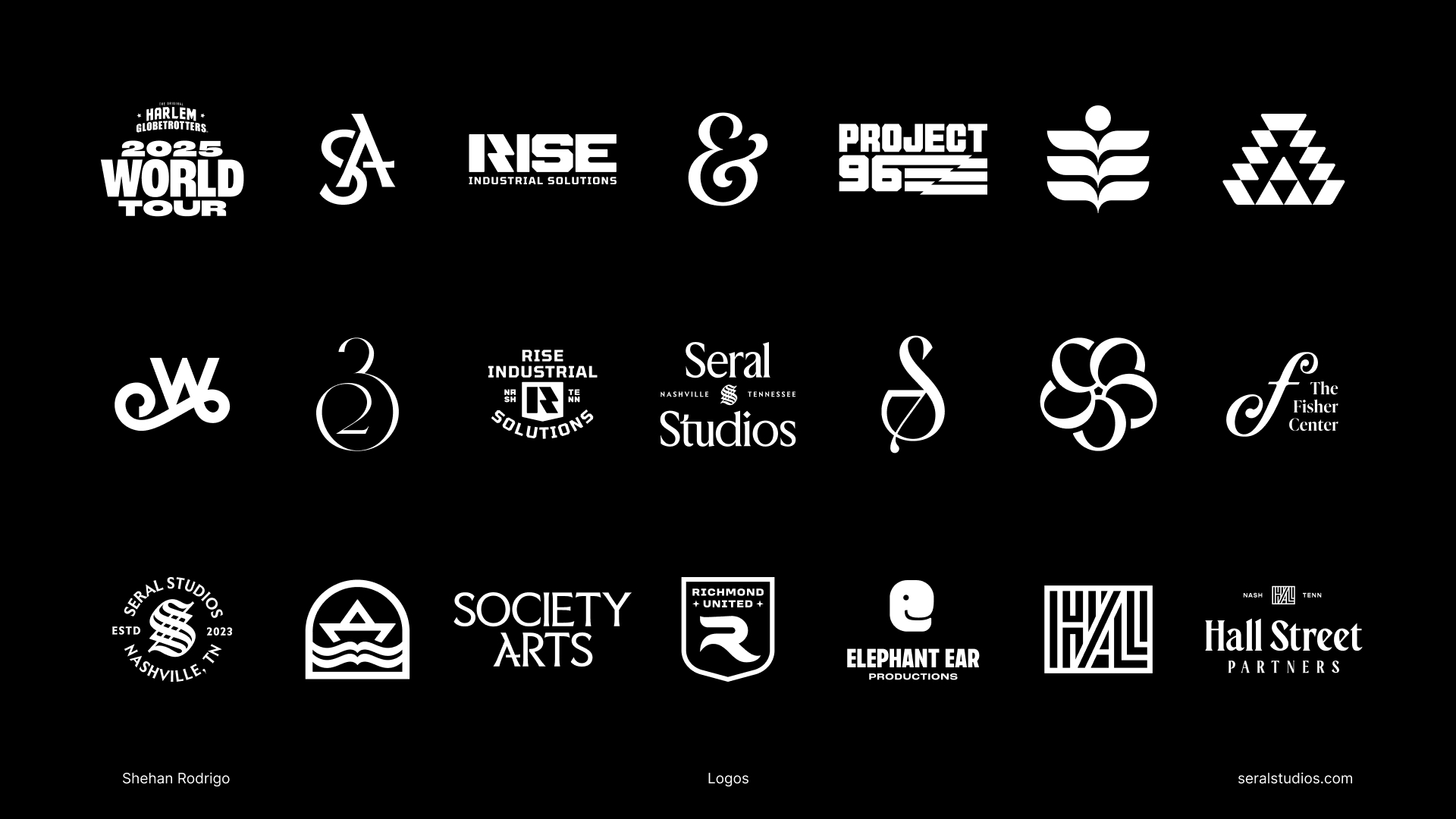 Collection of black and white logos and text for various brands and organizations, arranged in rows.