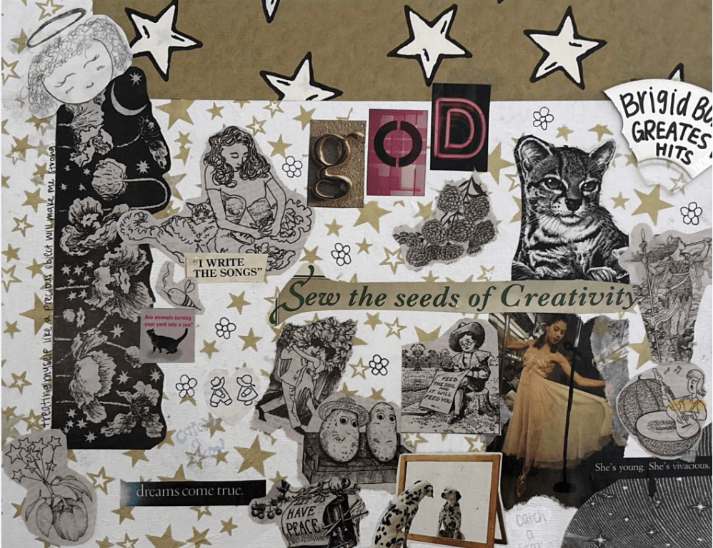 Collage with animals, stars, and text, including a tiger, a girl, and various decorative elements, on a beige background.
