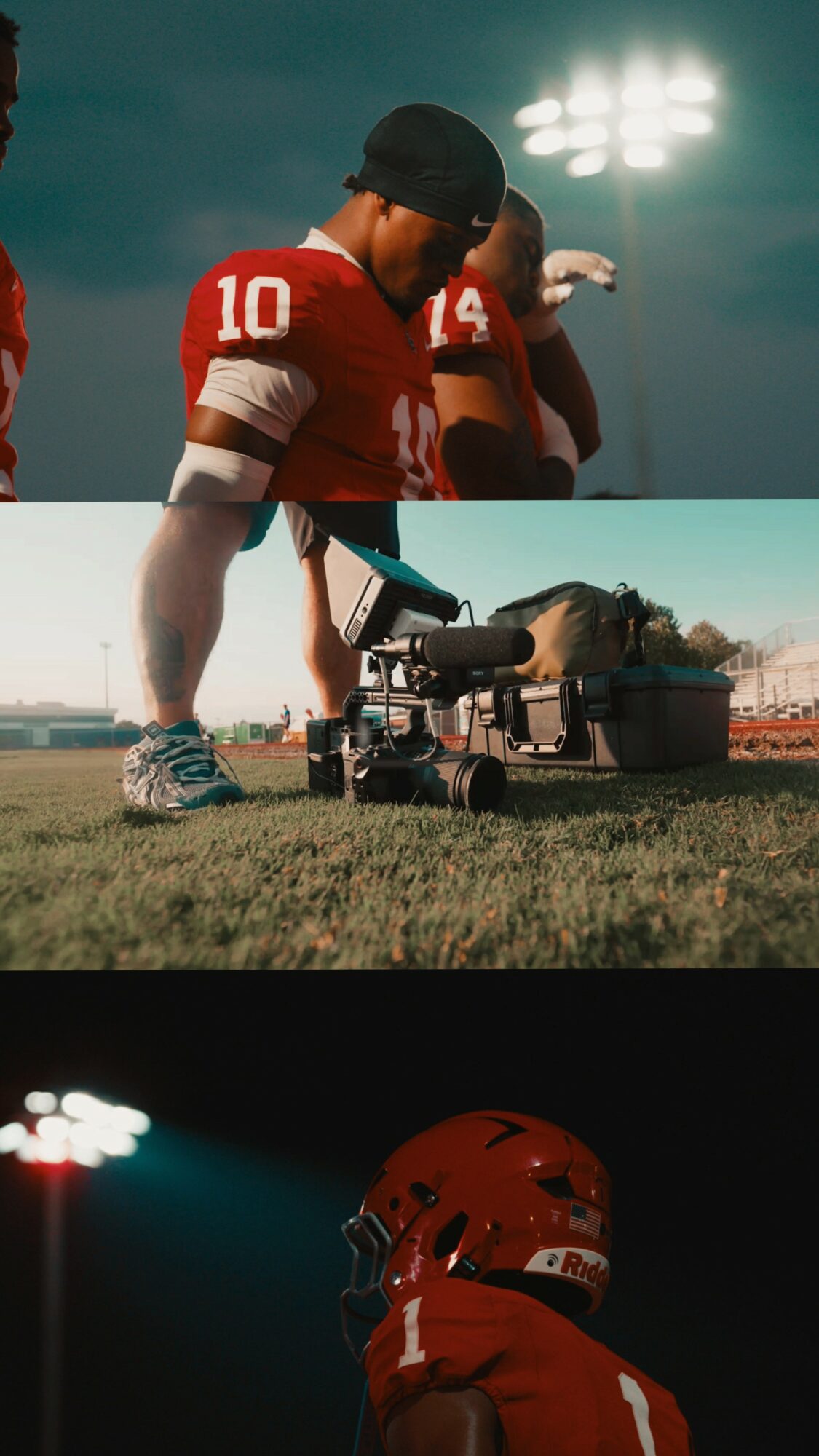 Three football players in red uniforms on field, one with helmet, equipment on ground, bright stadium lights overhead.