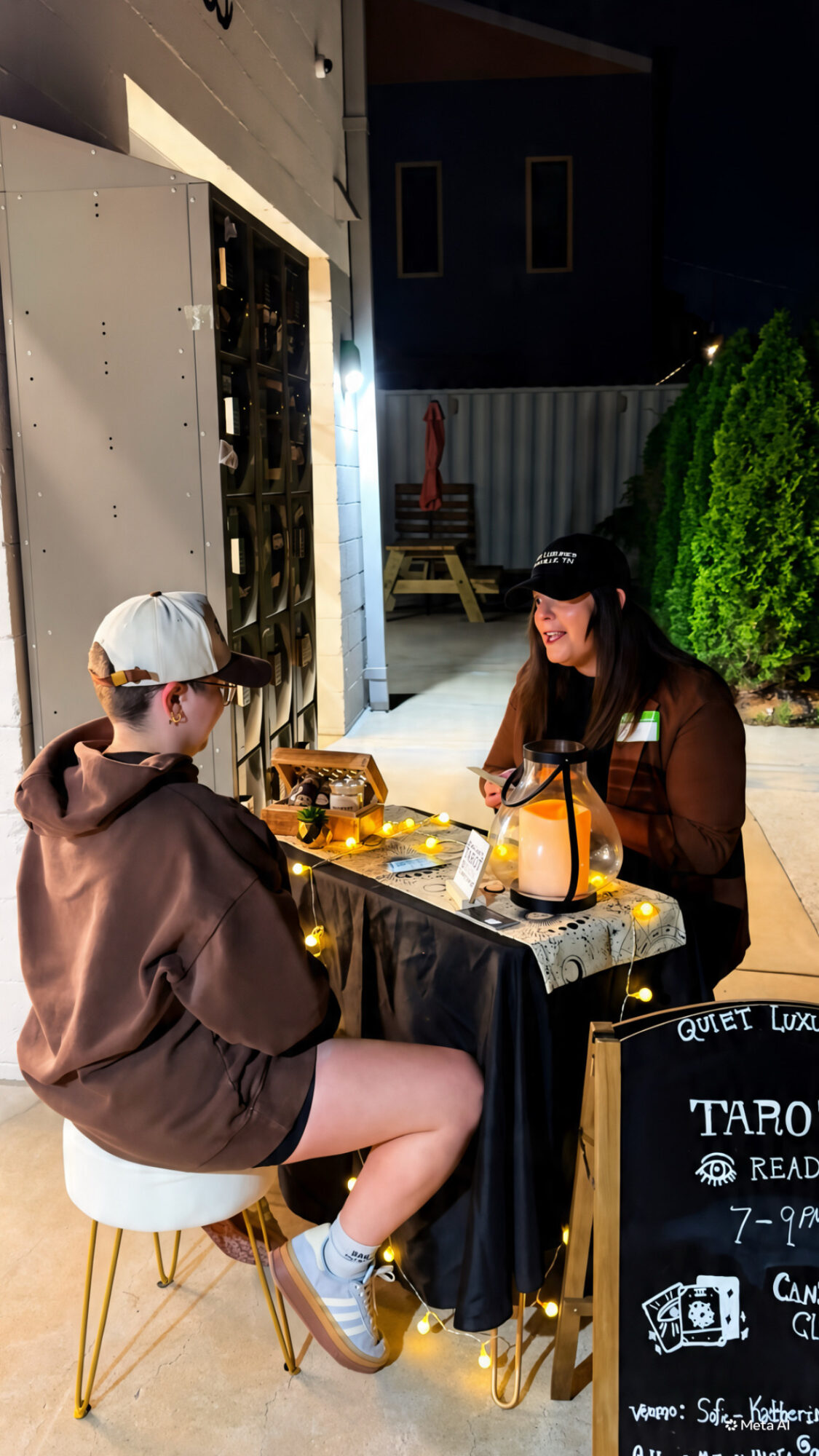 Two women sit at a table outdoors at night, talking and smiling, with a lantern and food on the table.
