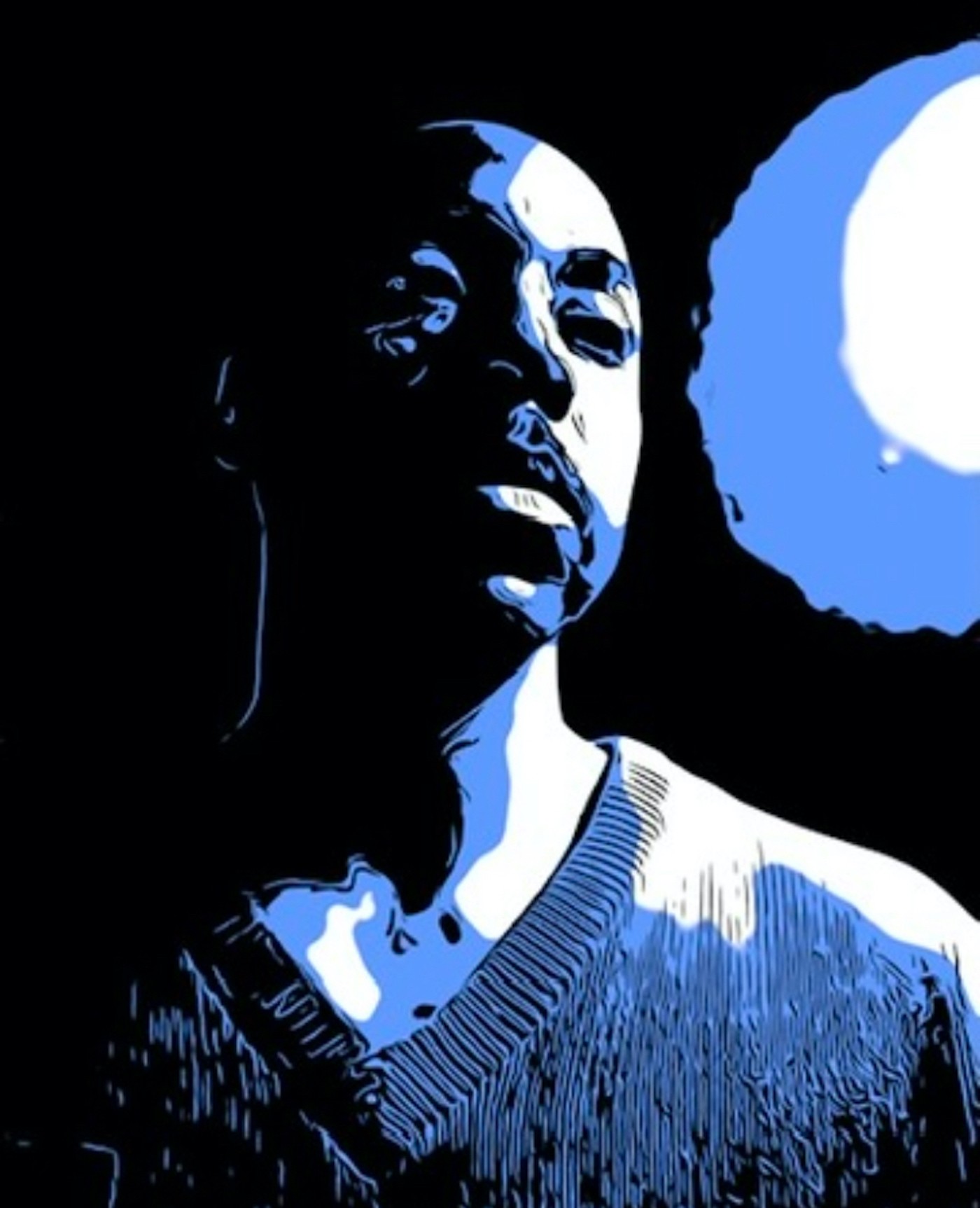 Portrait of a person with a serious expression, illuminated by moonlight, against a dark background with a bright moon.