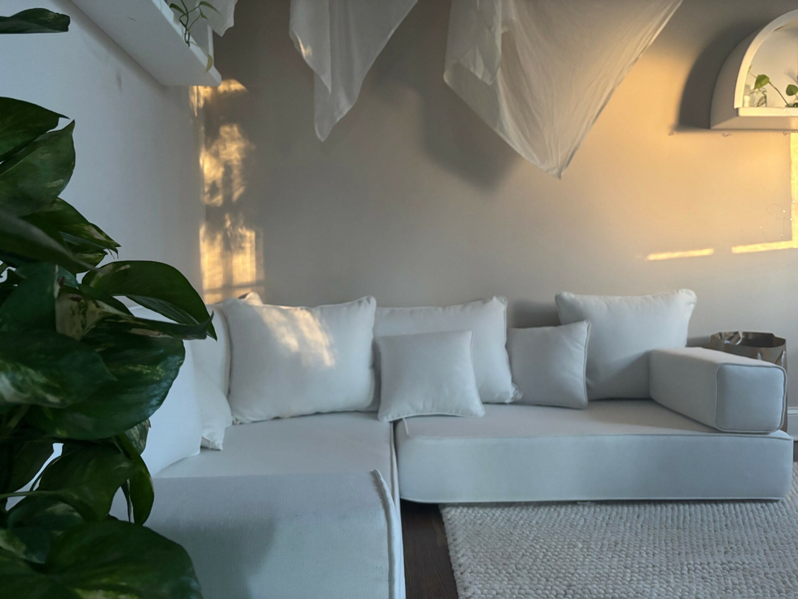 White sofa with multiple cushions in a room with sunlight and a window, partially visible plant on the left.