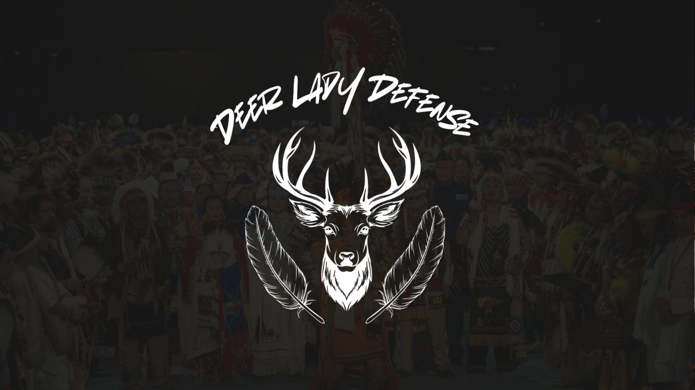 A stylized deer head with antlers, feathers, and the text 'Deer Lady Defense' above, on a dark background.