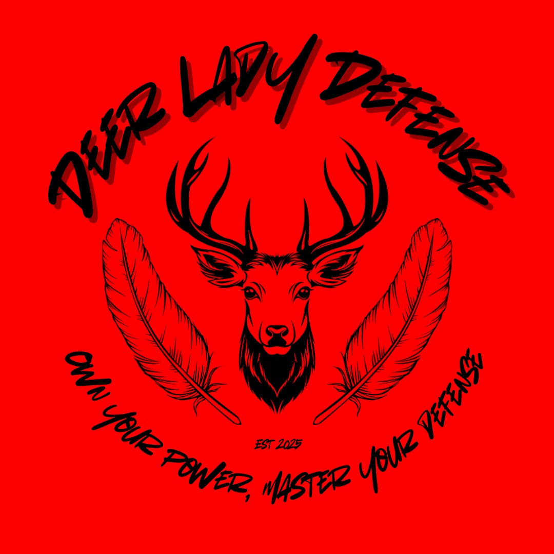 Deer head with antlers and feathers, with text 'Deer Lady Defense' and 'Own Your Power, Master Your Defense' on a red background.