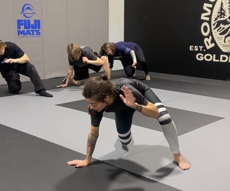Four people practicing martial arts in a gym, one person in the foreground in a crouched stance, others in background, mats on floor.