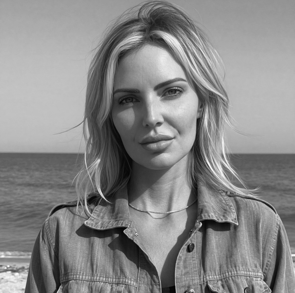 Woman with wavy hair standing outdoors near water, wearing a denim jacket, looking at the camera.