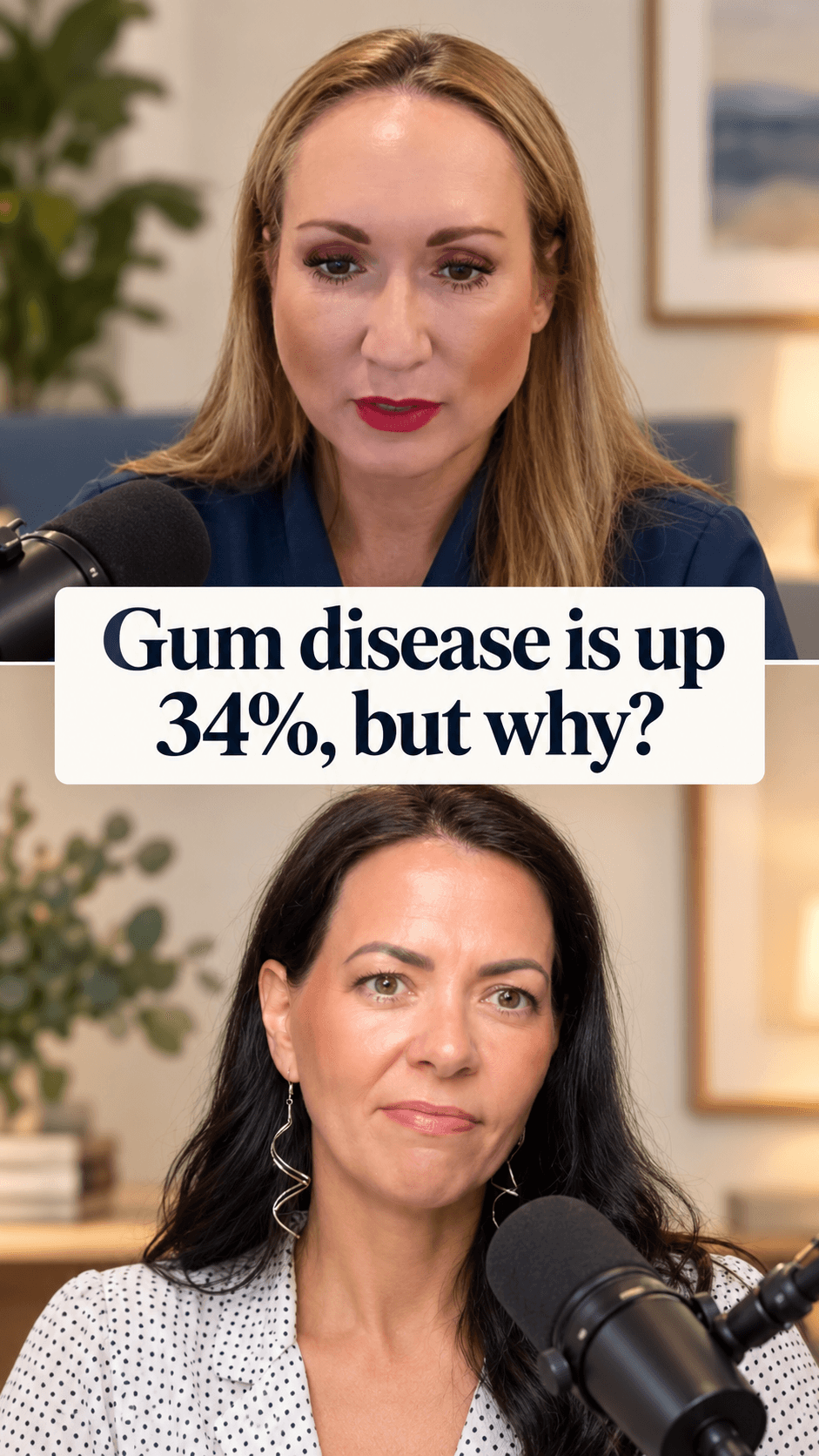 Two women speaking into microphones, with a text overlay about gum disease increasing by 34%.
