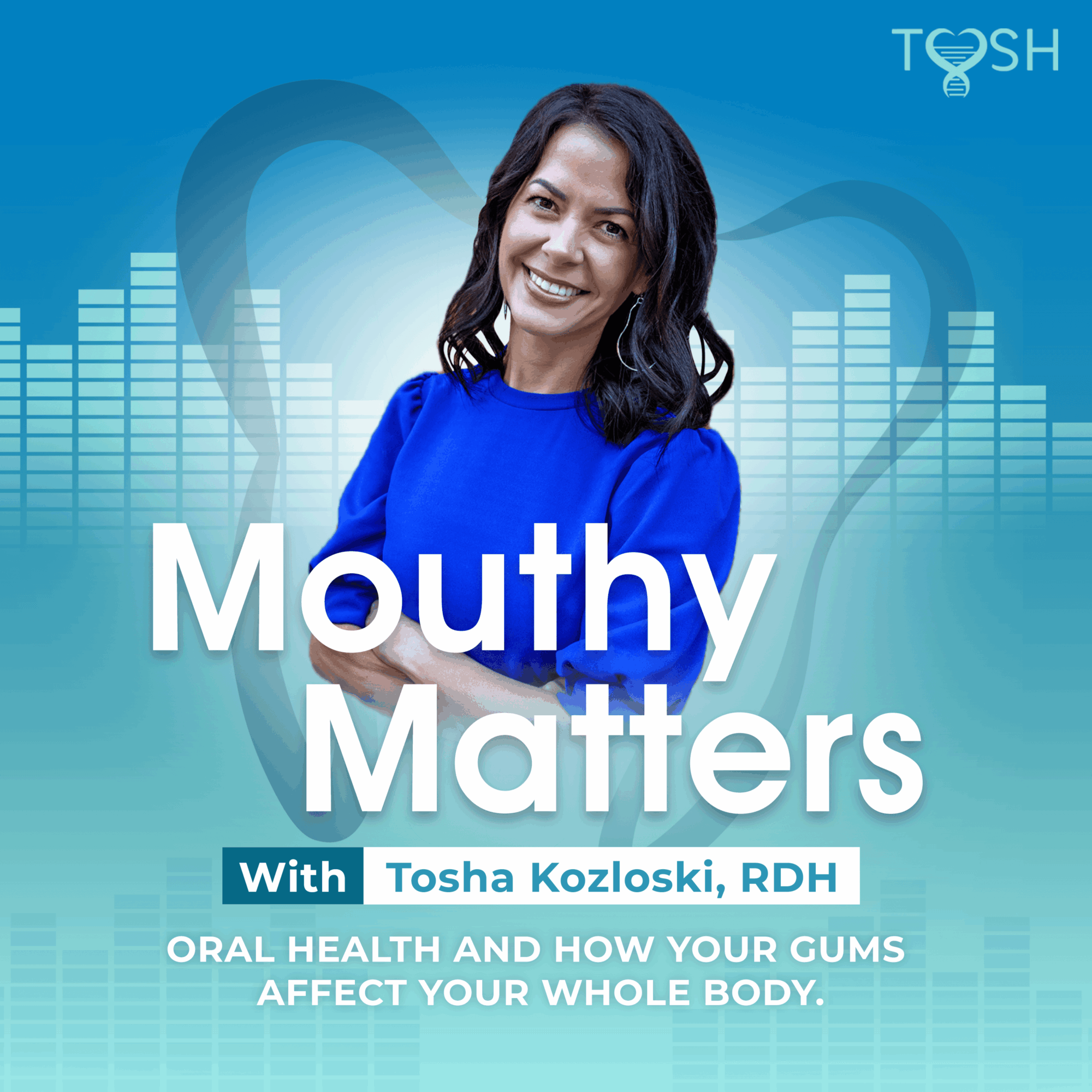 Smiling woman in blue shirt with a digital background, promoting oral health and gum care, with text about Mouthy Matters.