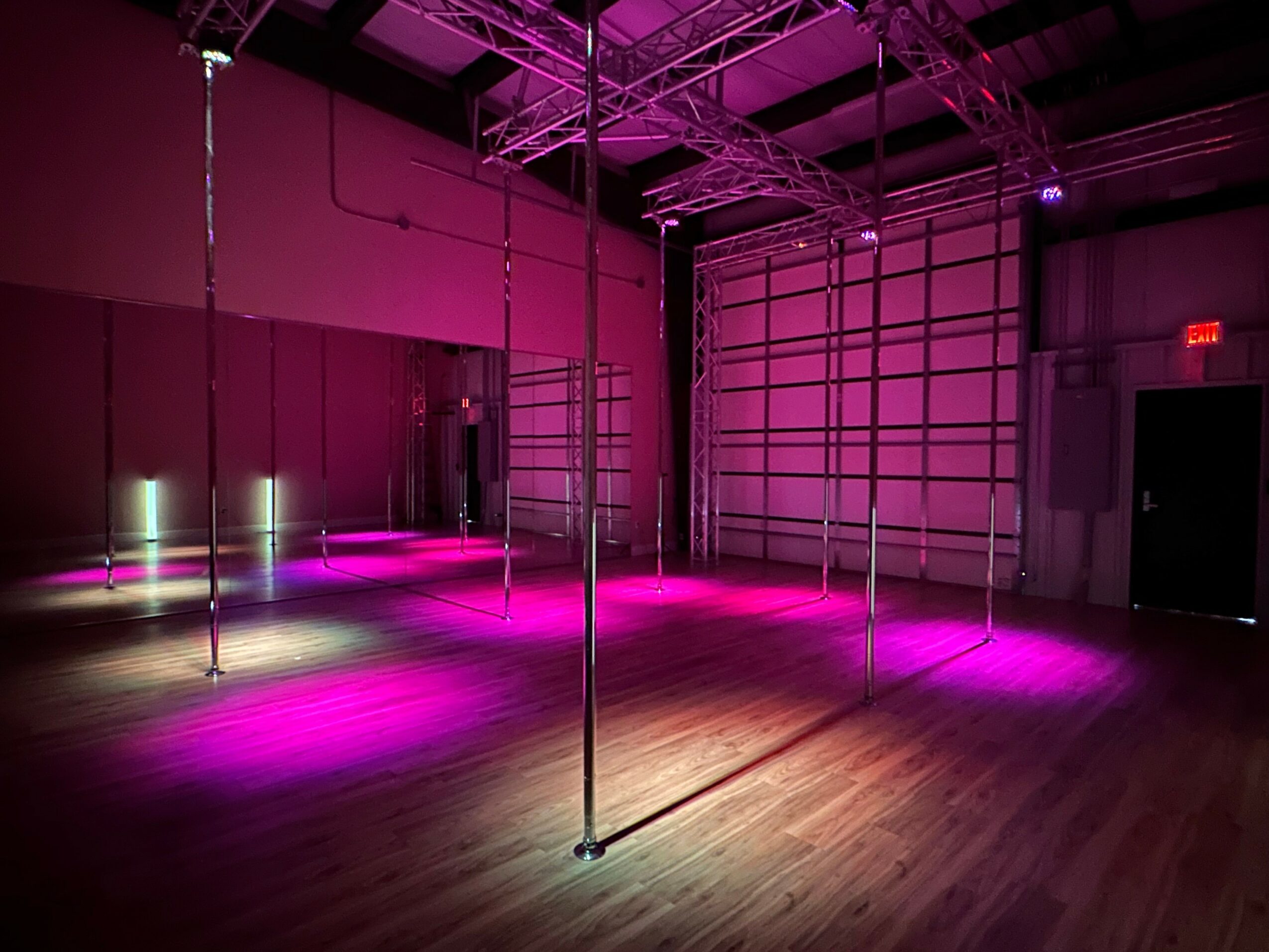 Empty dance studio with poles, purple lighting, wooden floor, and a door in the background.