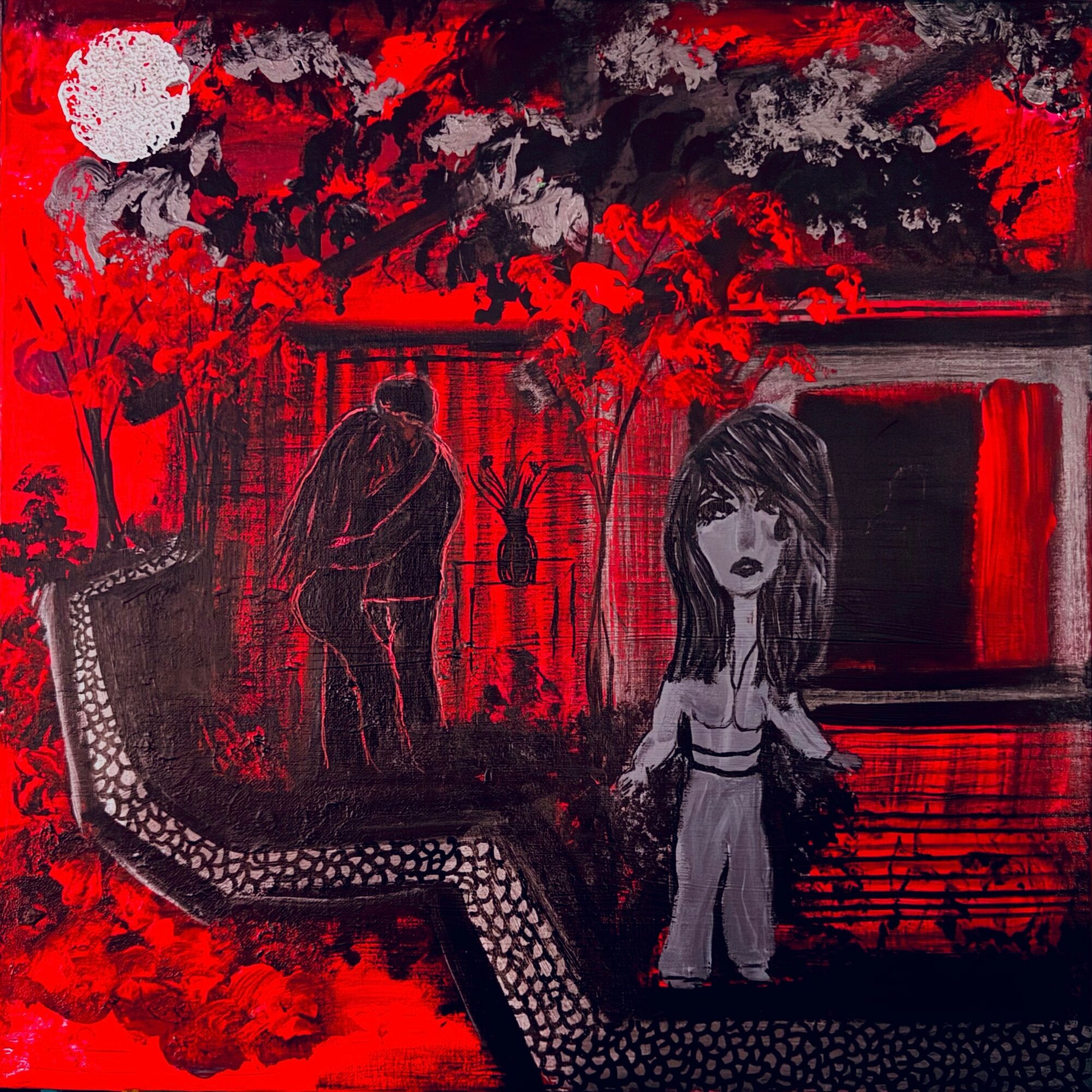 A dark, surreal scene with a woman and a mermaid tail, red trees, and a black house, in a moody landscape.