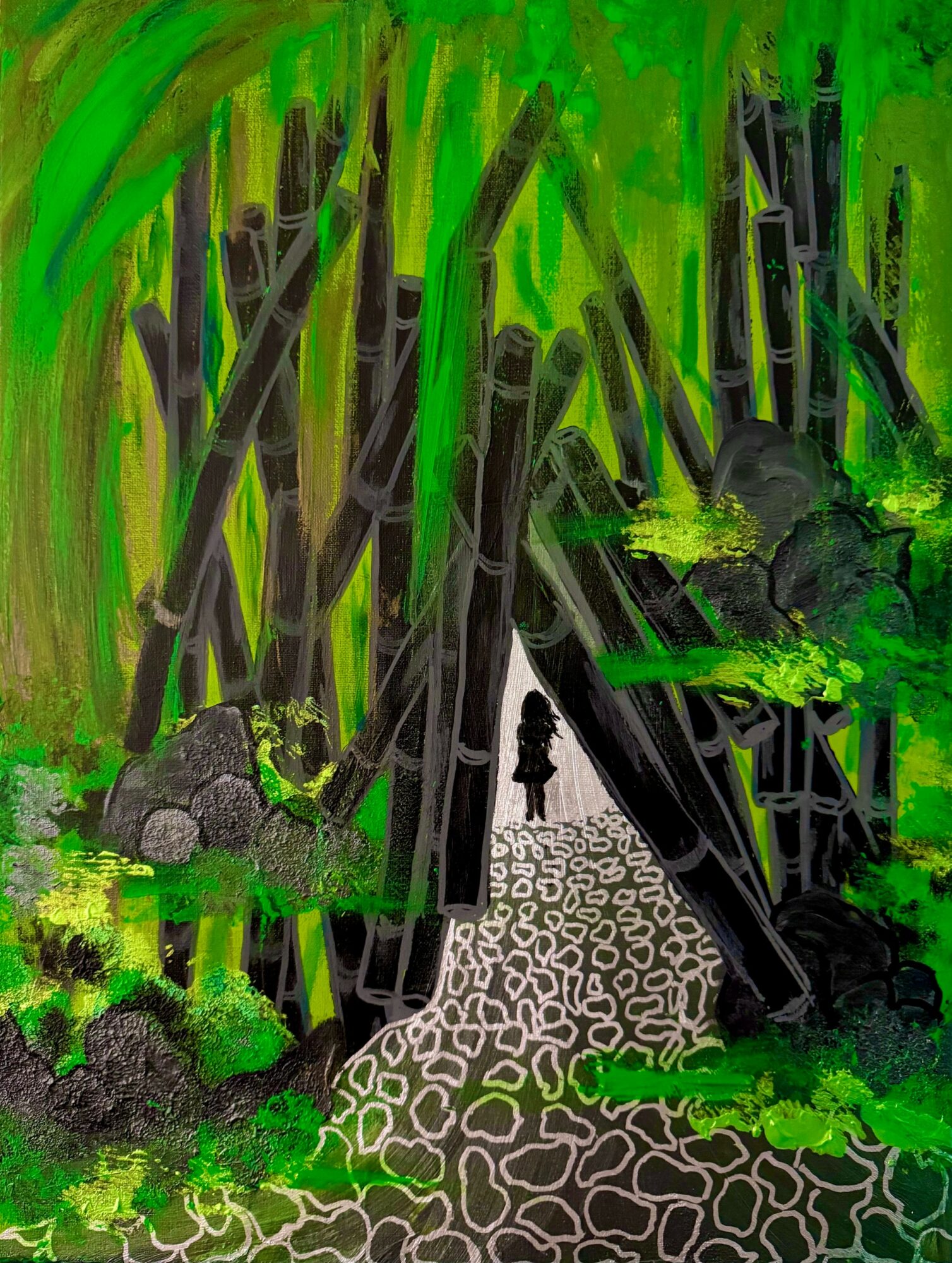 A person walking on a patterned path through a dense green bamboo forest with tall stalks and lush foliage.