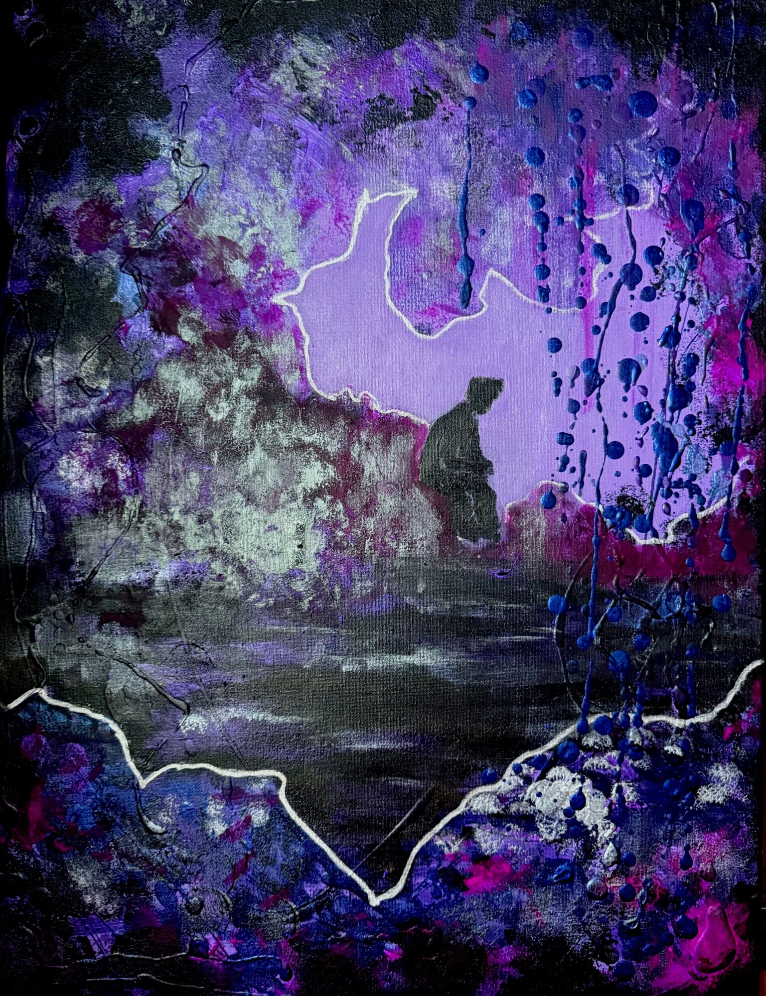 Abstract painting with purple, blue, and black colors, featuring a silhouette of a person sitting, surrounded by vibrant splashes and textures.