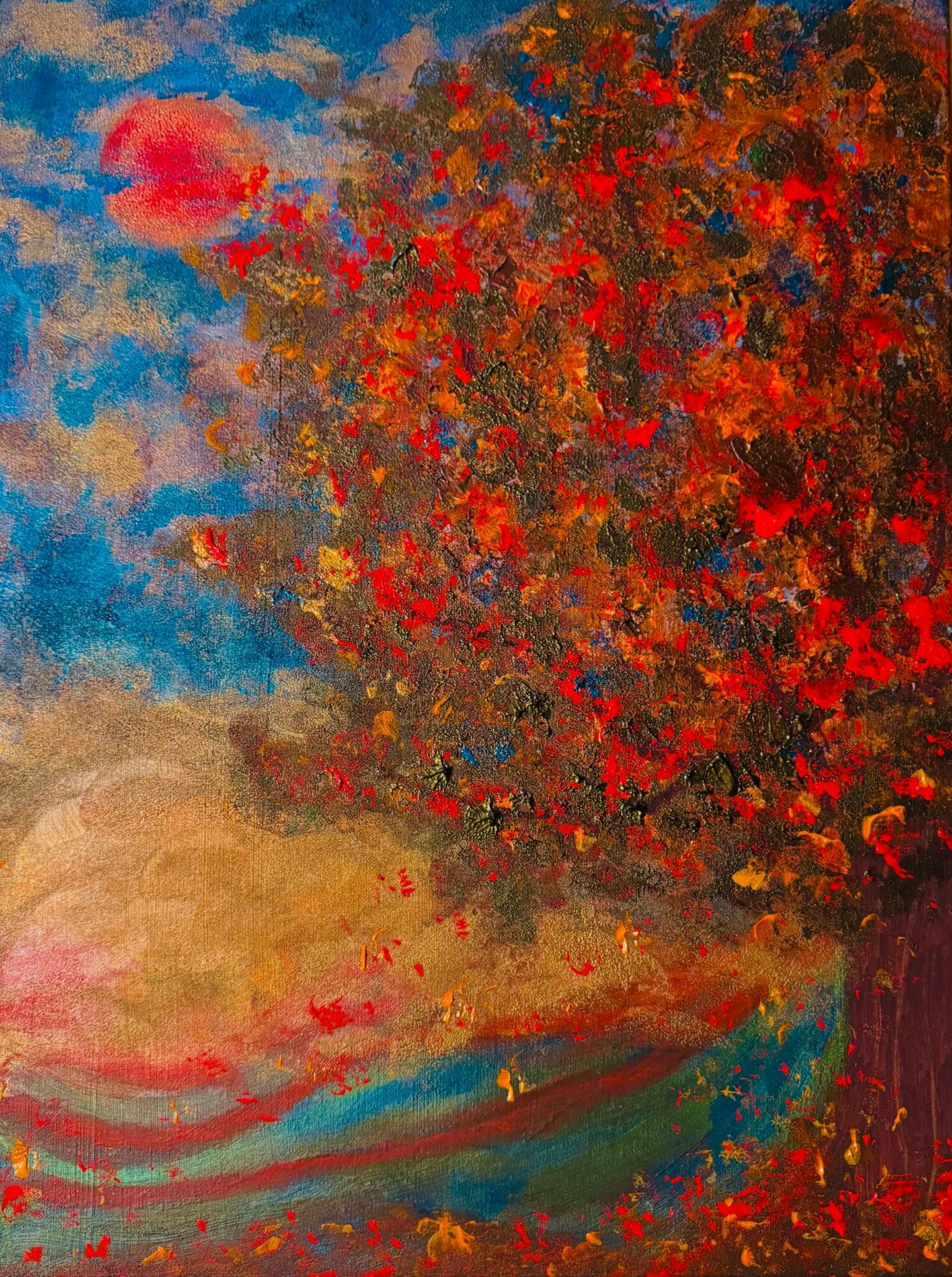 Vivid abstract painting with a large red and orange tree, blue sky, and colorful landscape, in a textured style.
