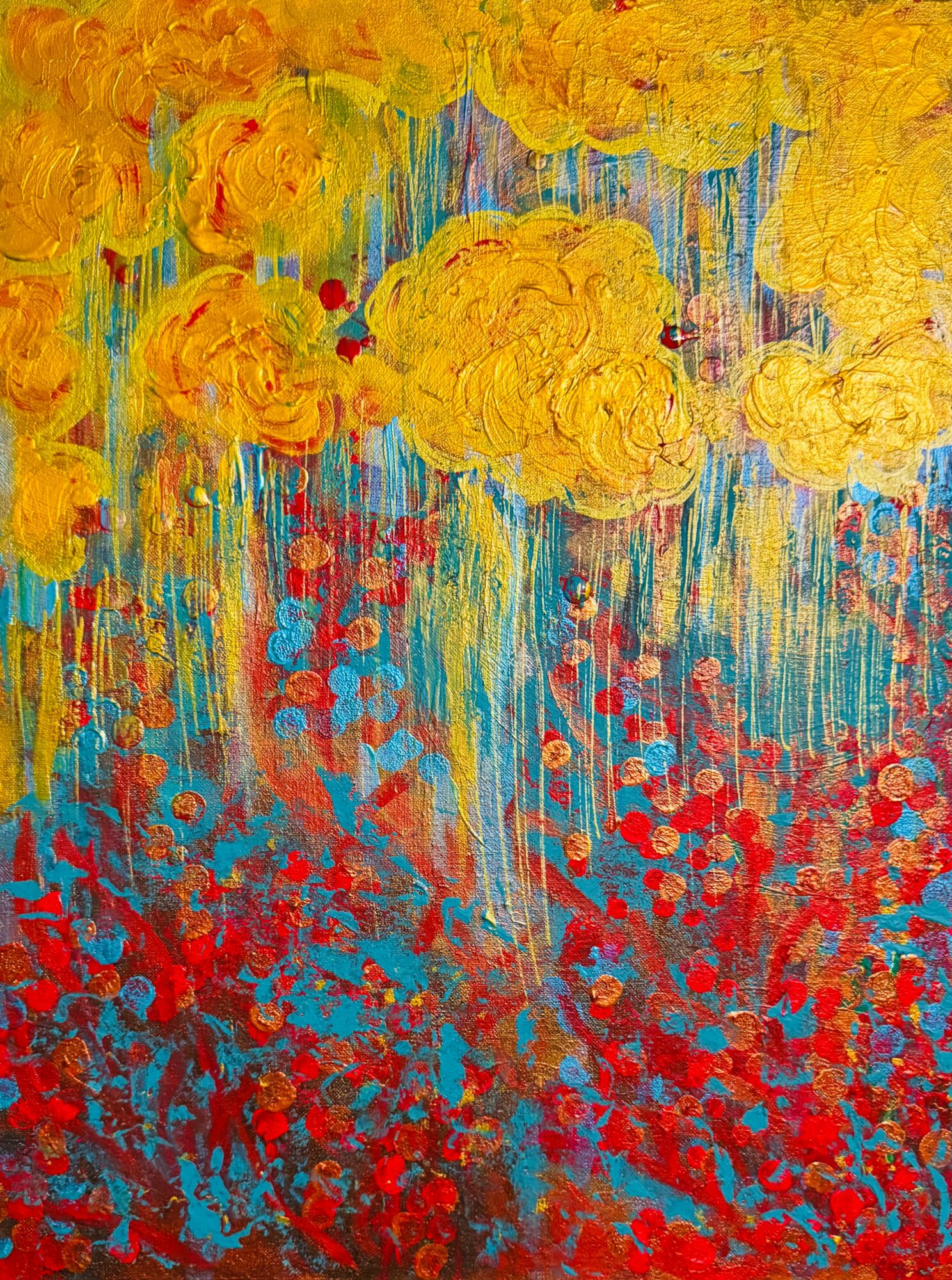 Abstract painting with yellow flowers and red, blue, and teal background colors.