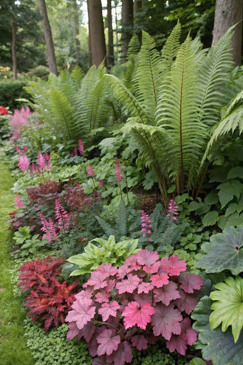 Lush garden with ferns, pink and purple flowers, and green foliage, in a wooded area.
