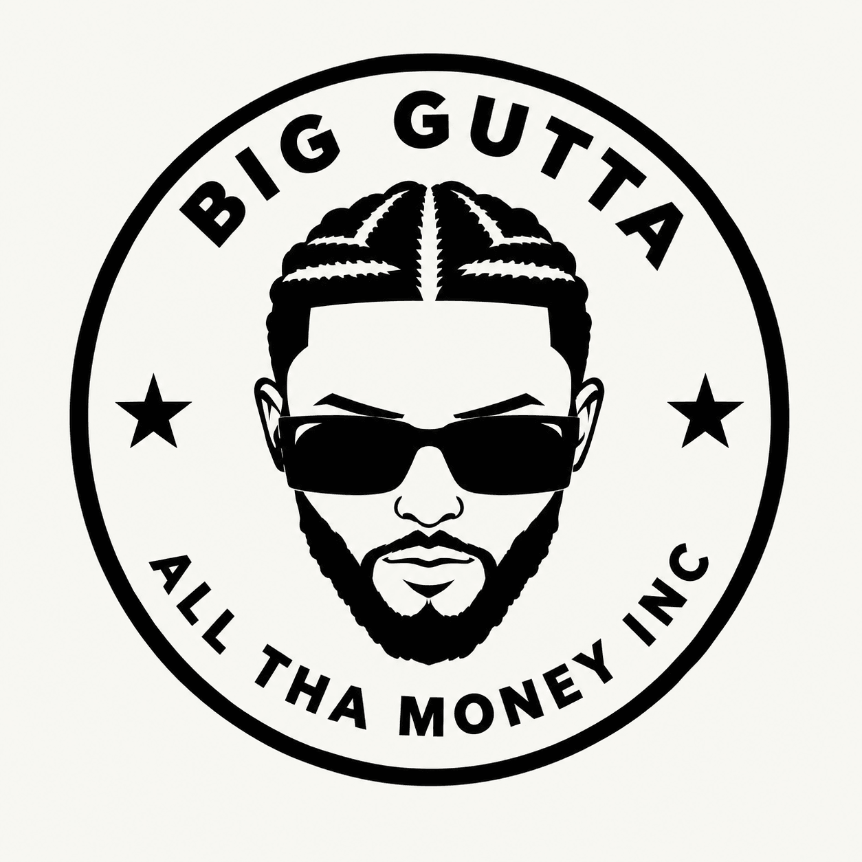 Logo with a stylized face wearing sunglasses, surrounded by text and stars, reading 'BIG GUTTA' and 'ALL THA MONEY INC'.