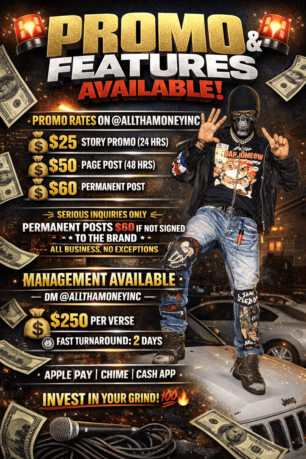 Person wearing a mask and sunglasses, standing on a car, with promotional text and money graphics in the background.