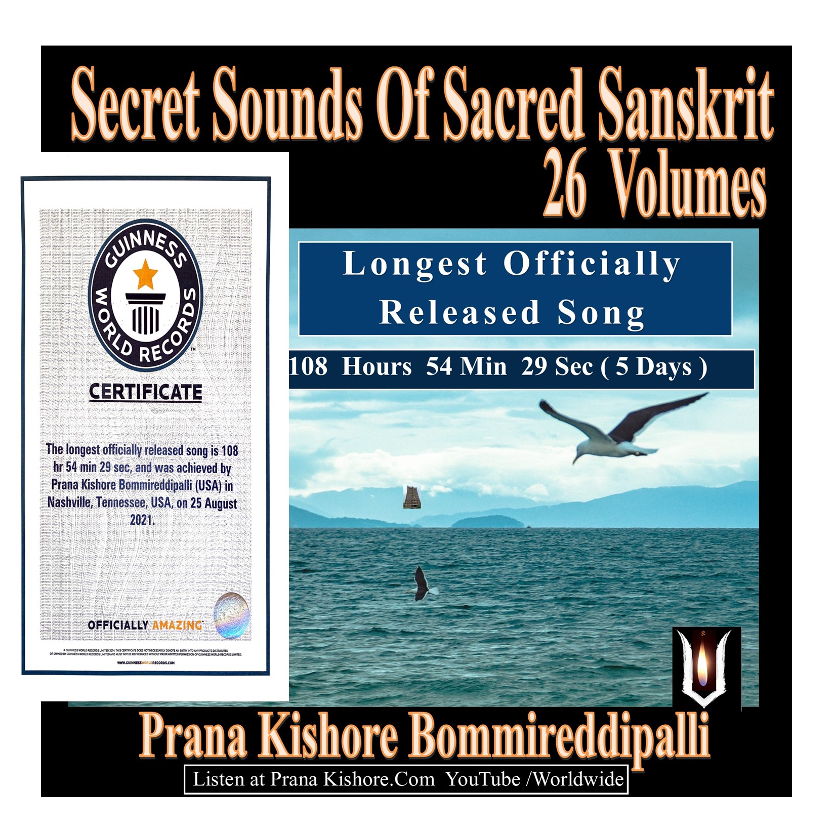 Cover of a music album titled 'Secret Sounds Of Sacred Sanskrit 26 Volumes' with a seascape, bird, and certificate image.