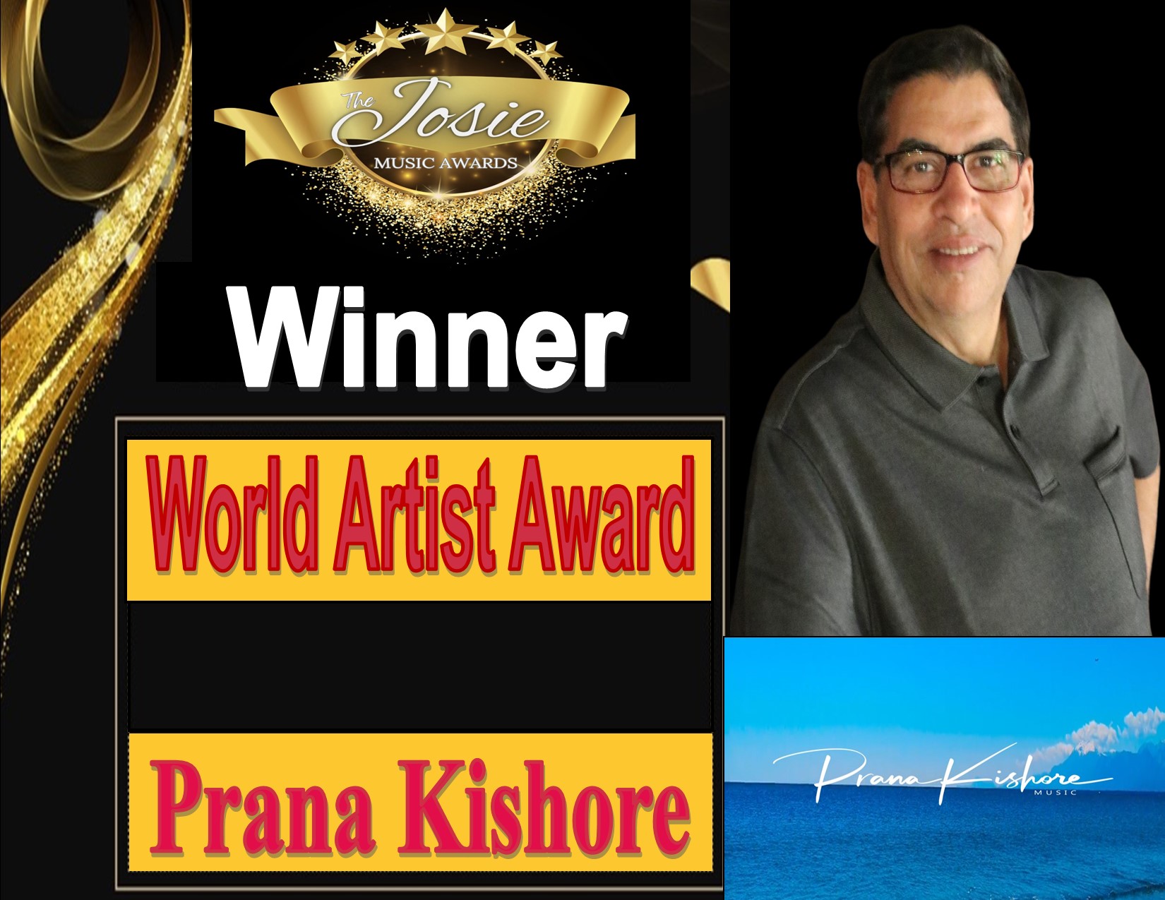 Award announcement for Prana Kishore as winner of the World Artist Award at the Josie Music Awards, with a man in glasses and a gray shirt.