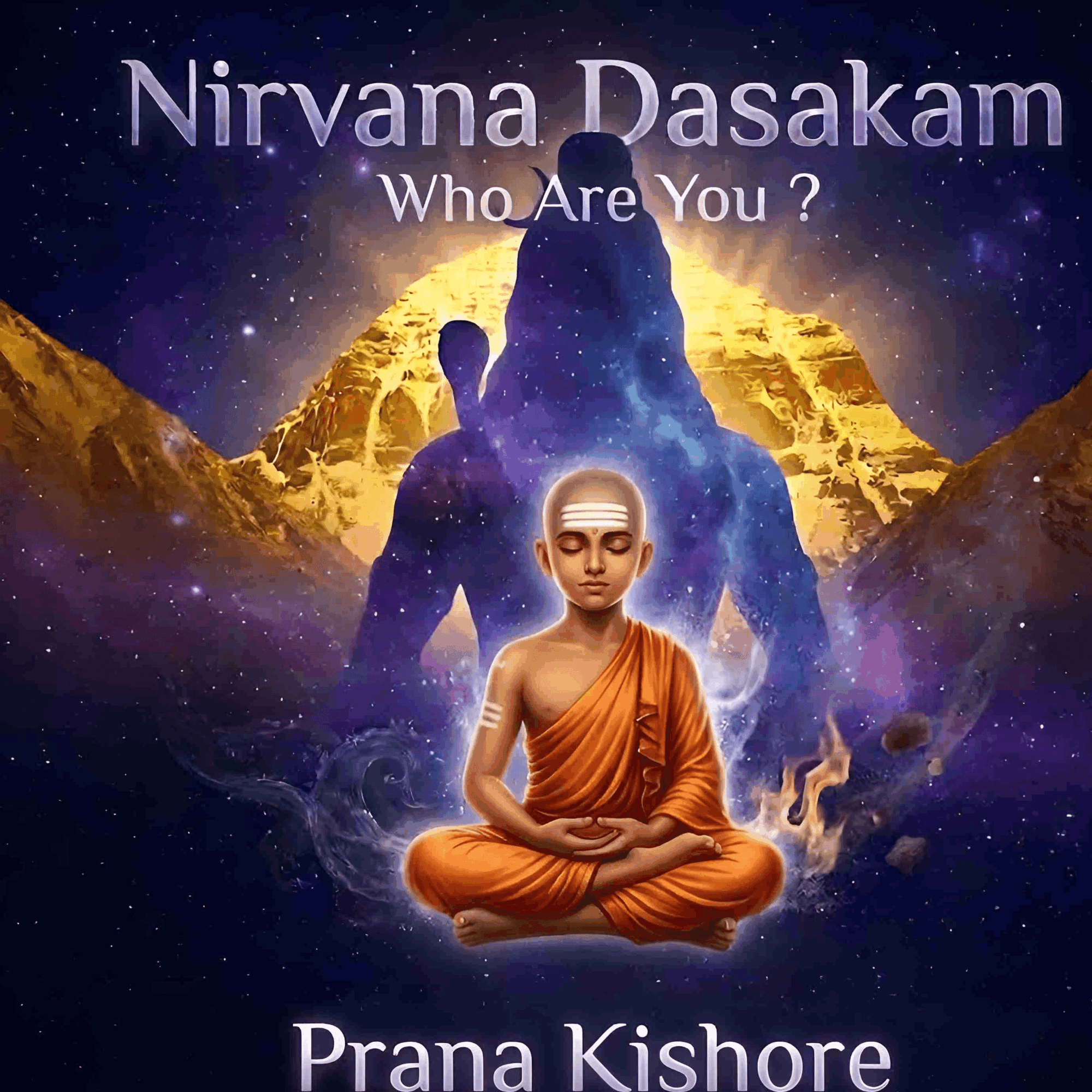 A meditating monk in orange robes with a cosmic background and mountain scenery, text reads 'Nirvana Dasakam Who Are You?'.