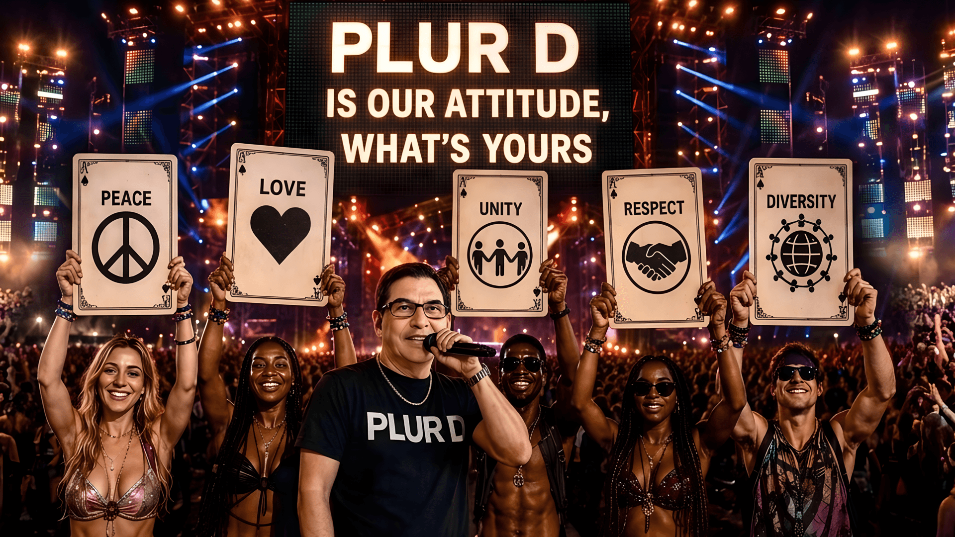 Group of people holding signs with messages like peace, love, unity, respect, diversity, in front of stage with lights, person speaking into microphone.