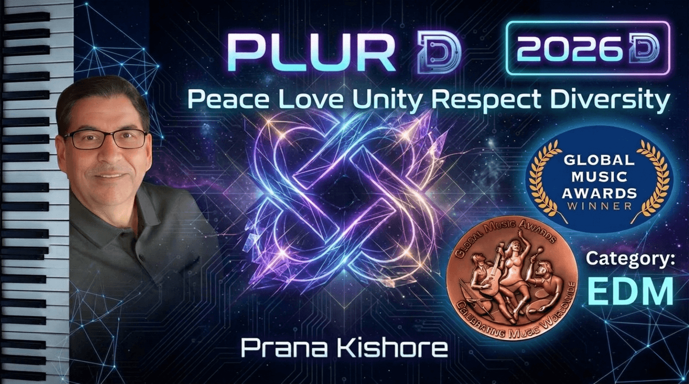 Event poster with a man, neon heart, and awards, promoting peace, love, unity, respect, diversity, and EDM music, with the name Prana Kishore.