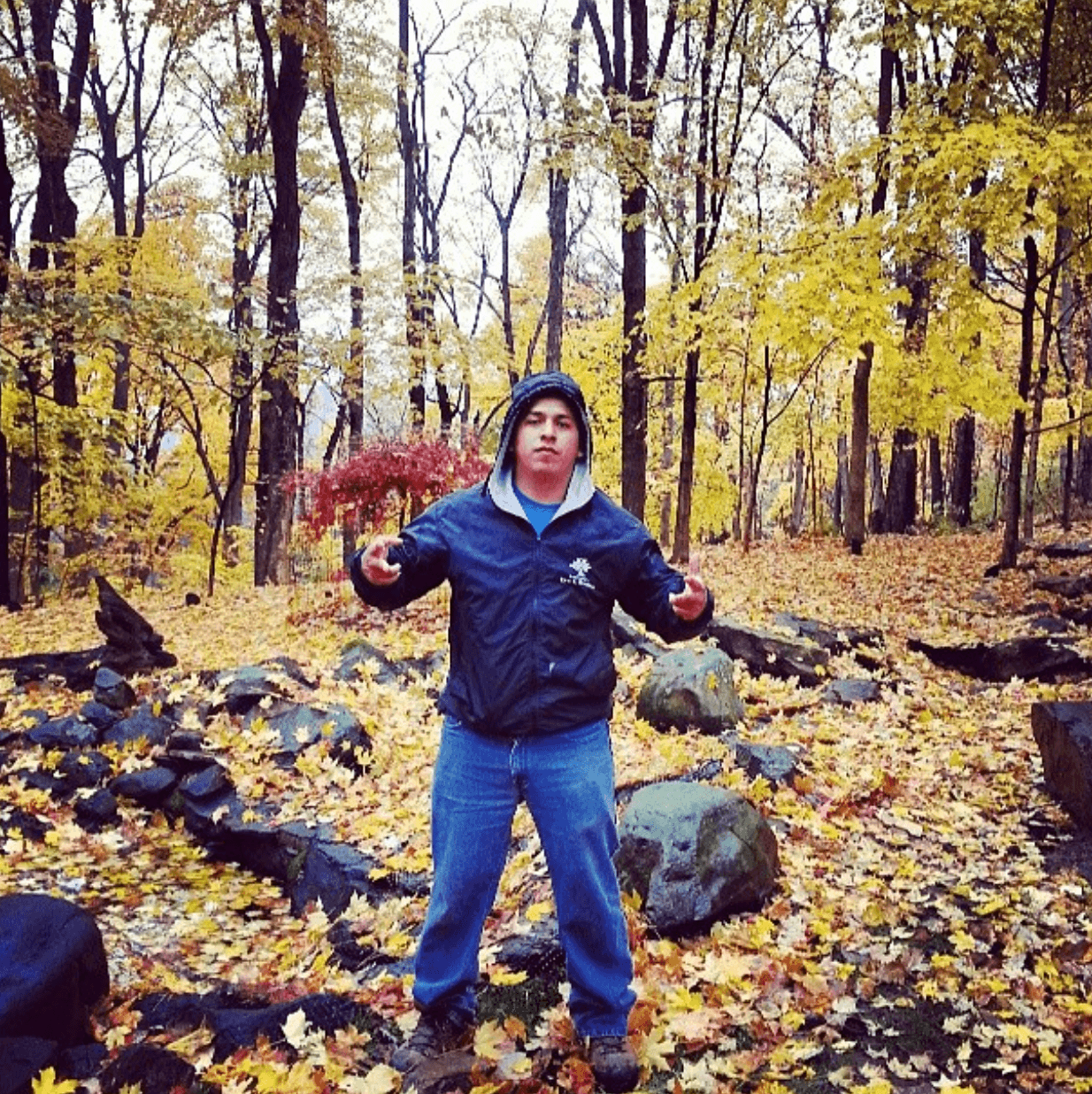 Person standing in a forest with yellow and orange leaves, wearing a dark jacket and blue jeans, arms raised.
