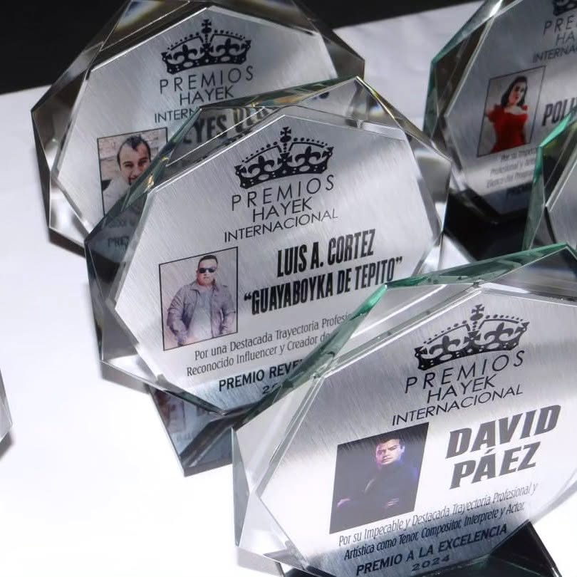 Multiple glass awards with text and photos, awards for international recognition, names of recipients, and decorative crowns.