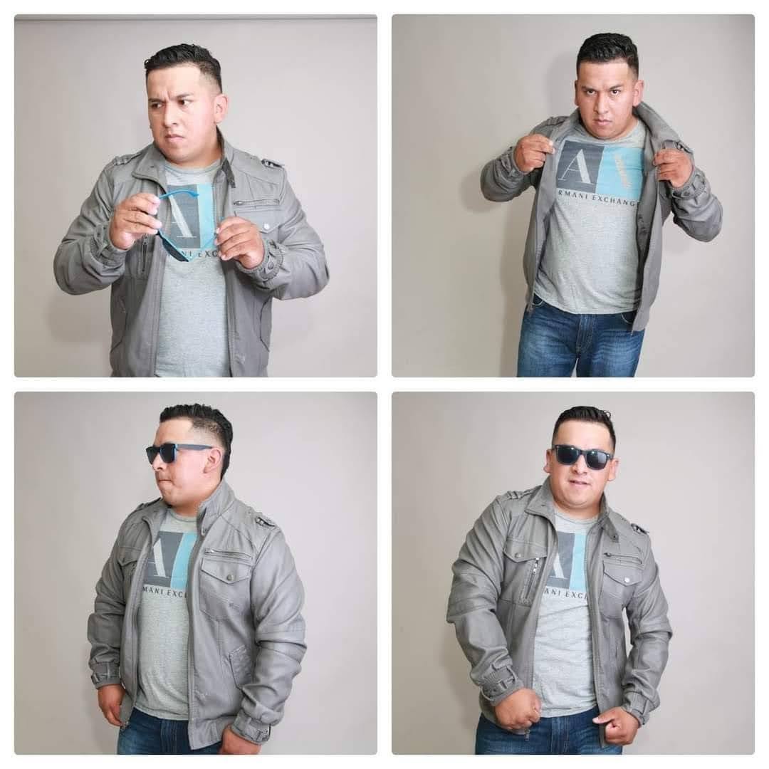 Four images of a man in a gray jacket and sunglasses, posing against a plain background.