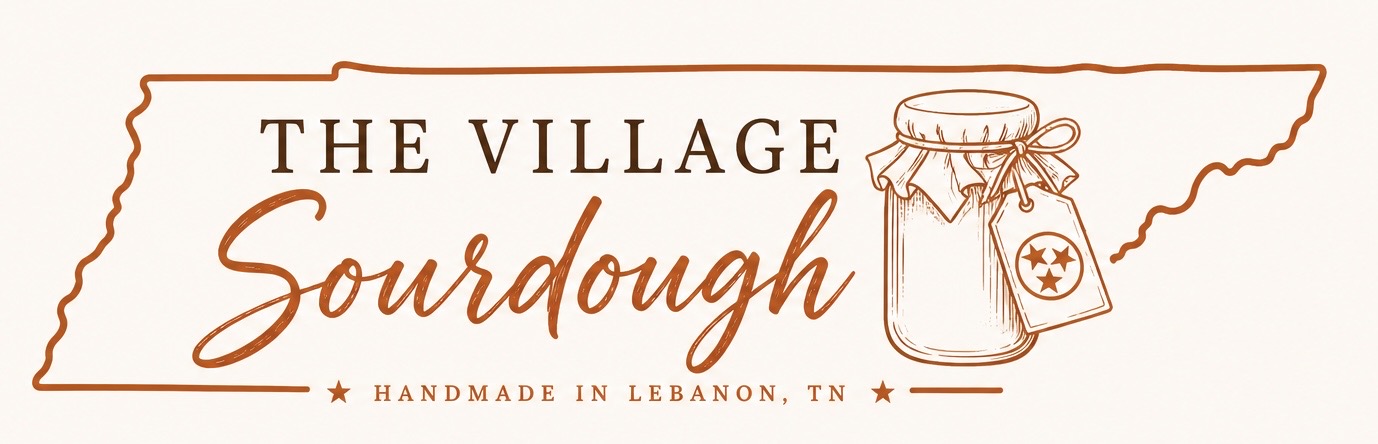 Logo with text 'The Village Sourdough' and a jar illustration, handmade in Lebanon, Tennessee.