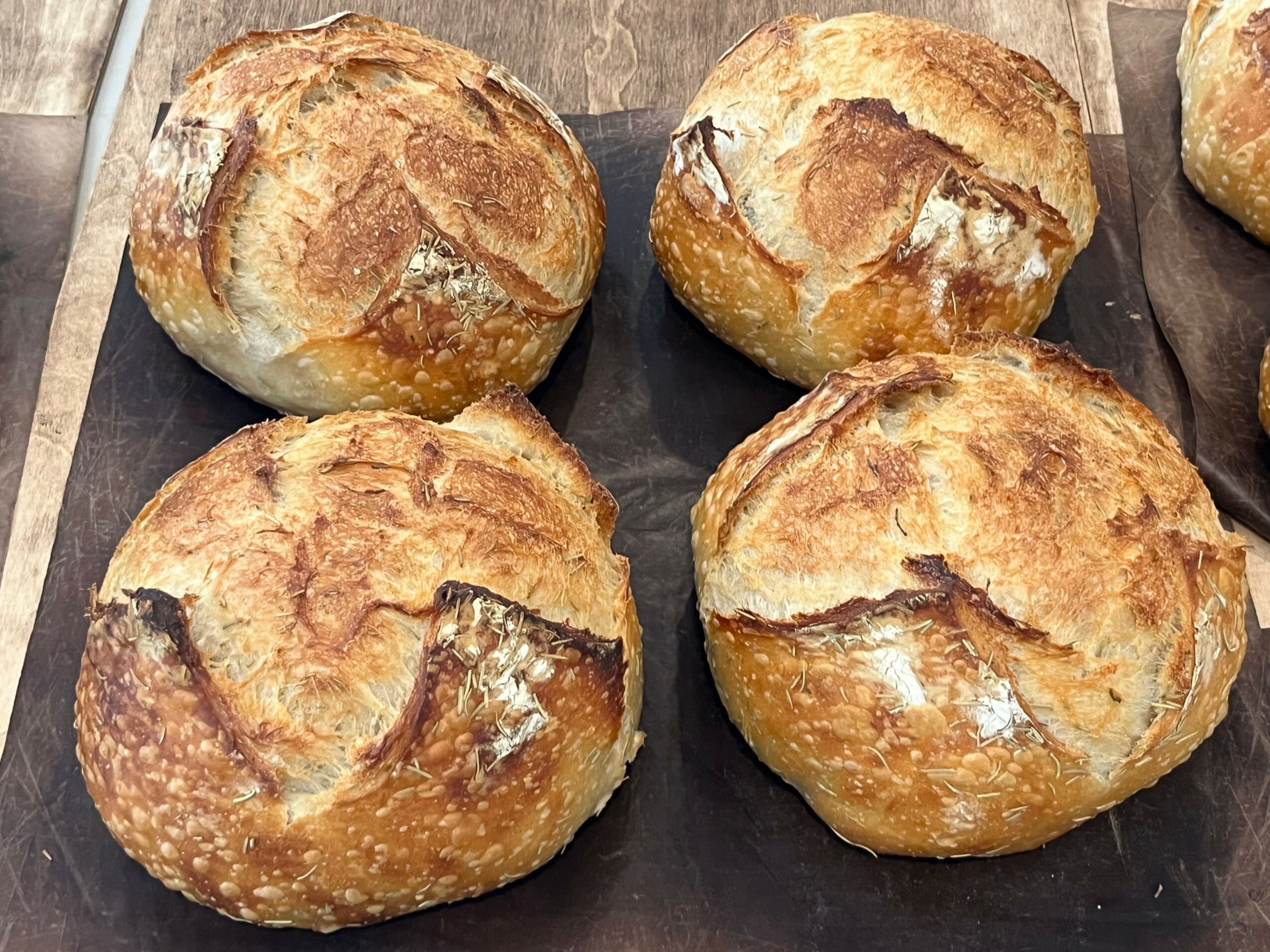 Four round, crusty bread rolls on a dark surface, with a golden-brown crust and irregular shapes.