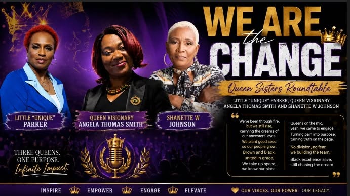 Group of three women with text about change and empowerment, purple background, and crown symbols. Word count: 27.