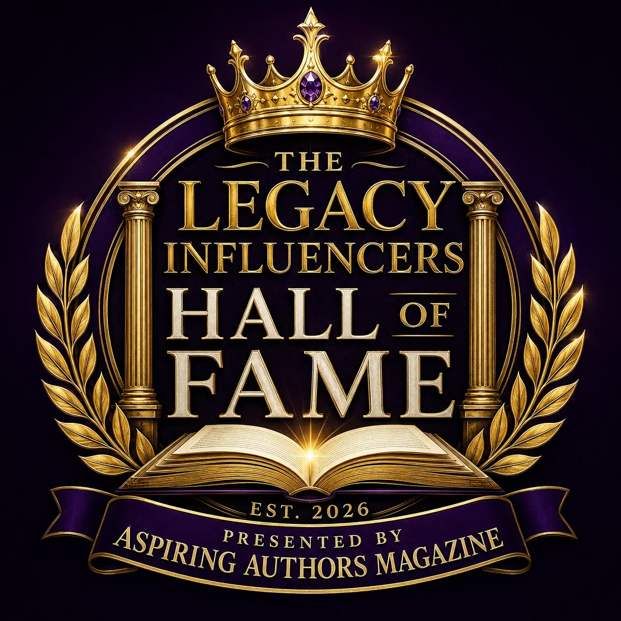 Golden crown, laurel wreath, and open book with text about the Hall of Fame, presented by Aspiring Authors Magazine.