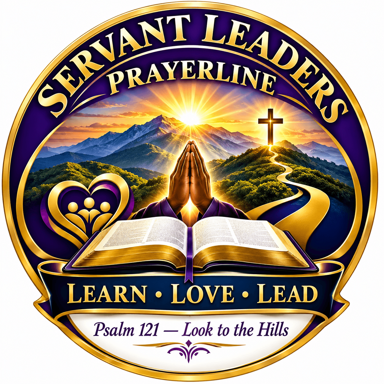 Emblem with mountains, sun, cross, praying hands, open book, and text about servant leaders and Psalm 121.