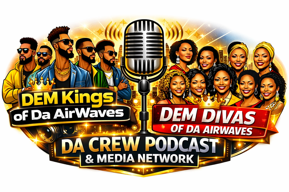 Group of men and women with microphones, text about Dem Kings, Divas, and podcast network, colorful background.
