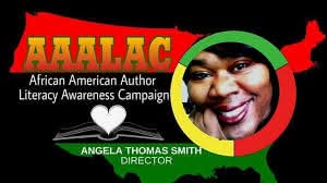 Logo with text, a smiling woman, and a map of Africa, promoting literacy awareness campaign, with green, red, yellow, and black colors.