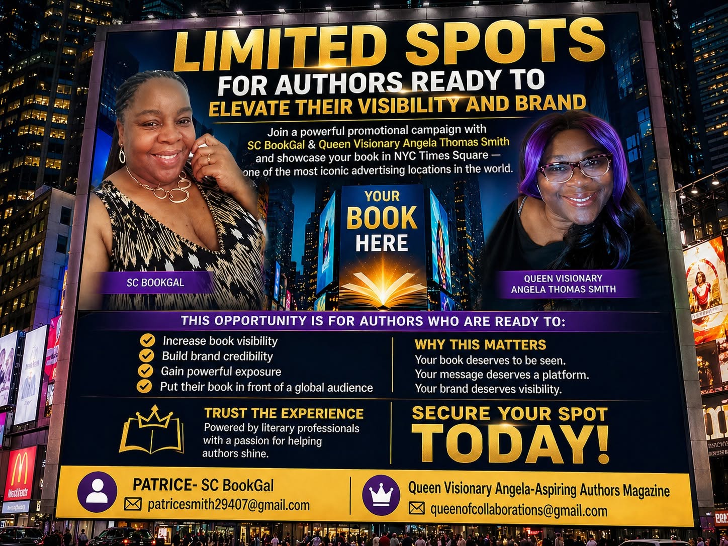 Two women smiling, promotional banner for authors' visibility, book placeholder, and text about author opportunities and trust.