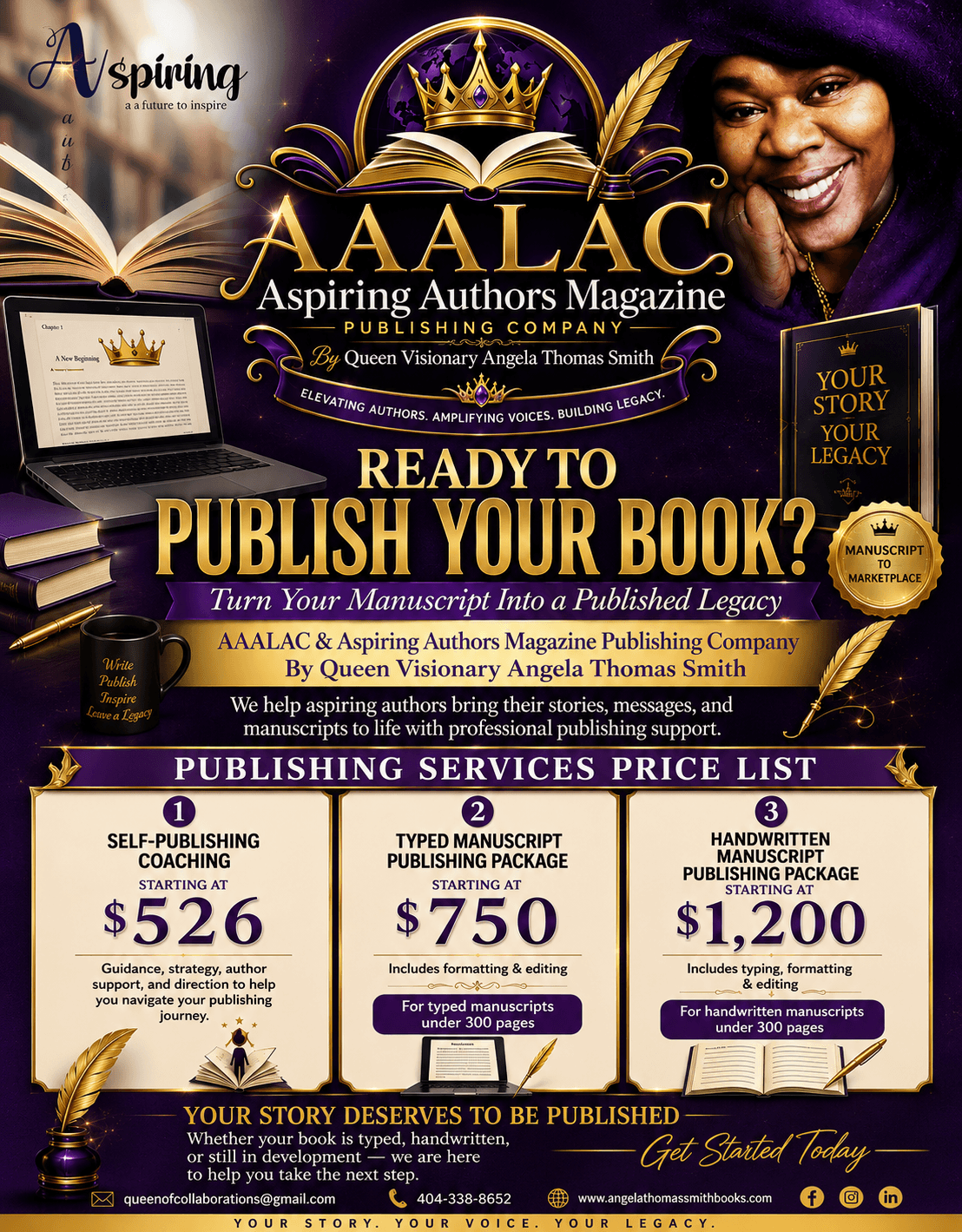 AALAC logo with a crown, open book, and gold accents, promoting publishing and inspiring authors, with a woman smiling in the background.