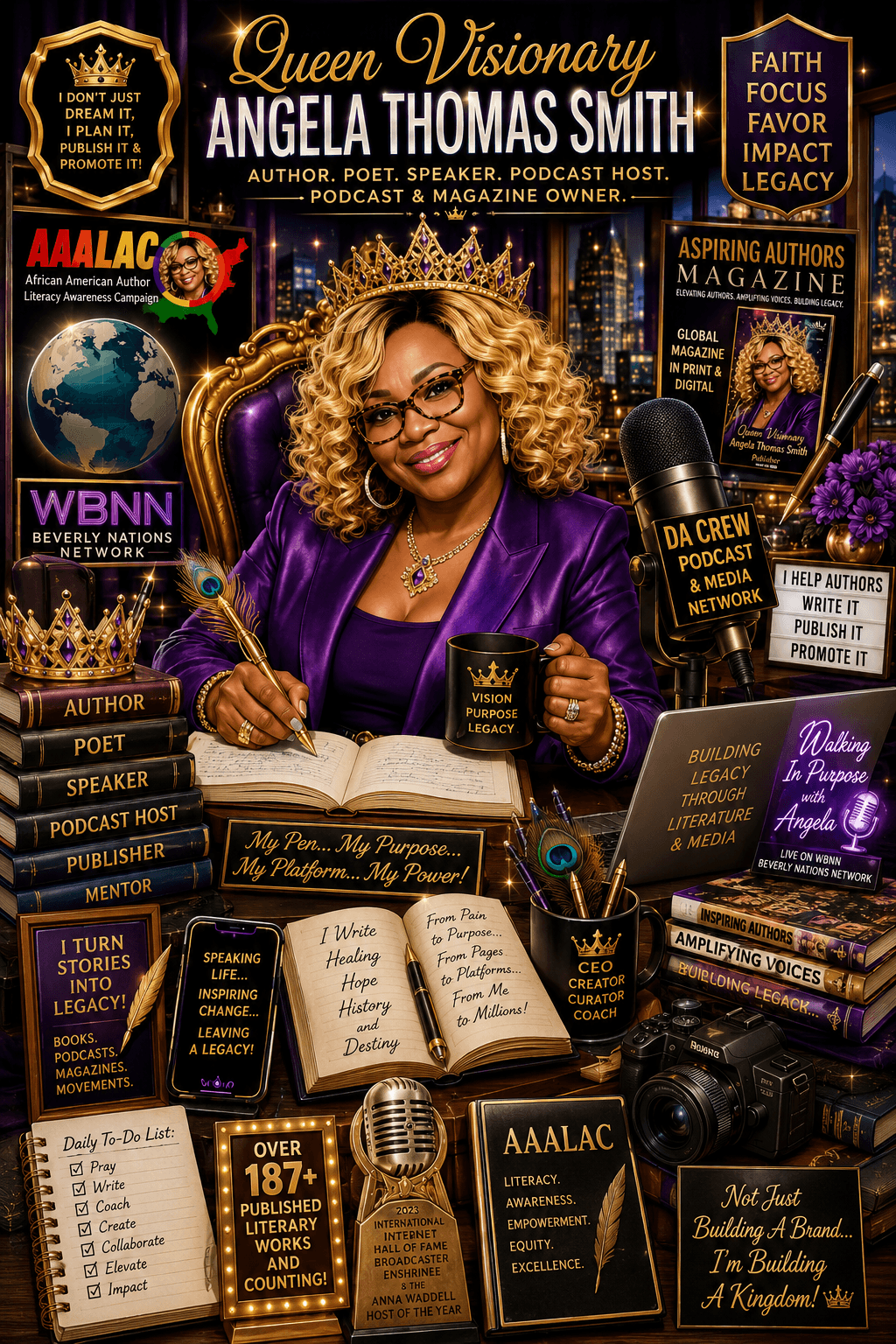 Woman with glasses and curly hair wearing purple, sitting at a desk with books, microphone, and gold crown, surrounded by banners and signs.