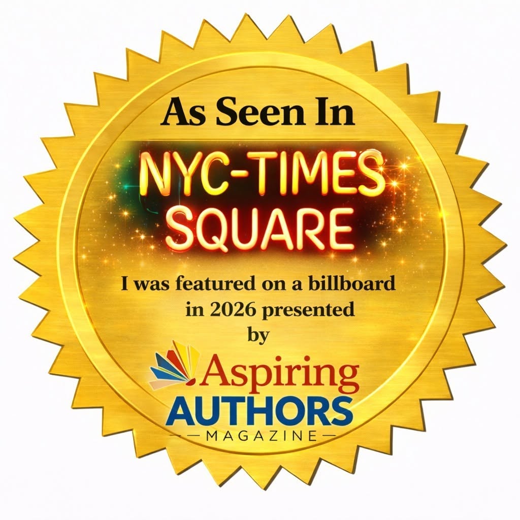 Gold badge with text about NYC-TIMES SQUARE feature, Aspiring Authors Magazine, and billboard appearance, with a starry background.