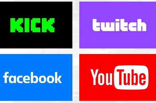 Four colored squares with text: green 'KICK', purple 'twitch', blue 'facebook', red 'YouTube'.