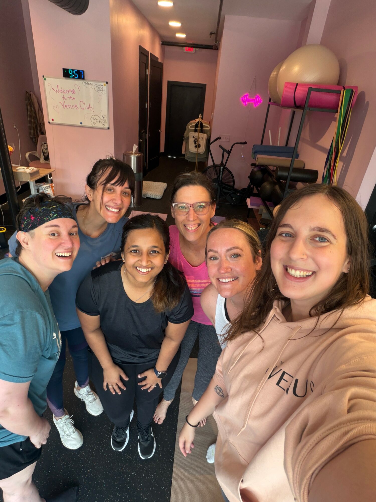 Group of six smiling women taking a selfie in a gym or fitness studio, with exercise equipment in the background.