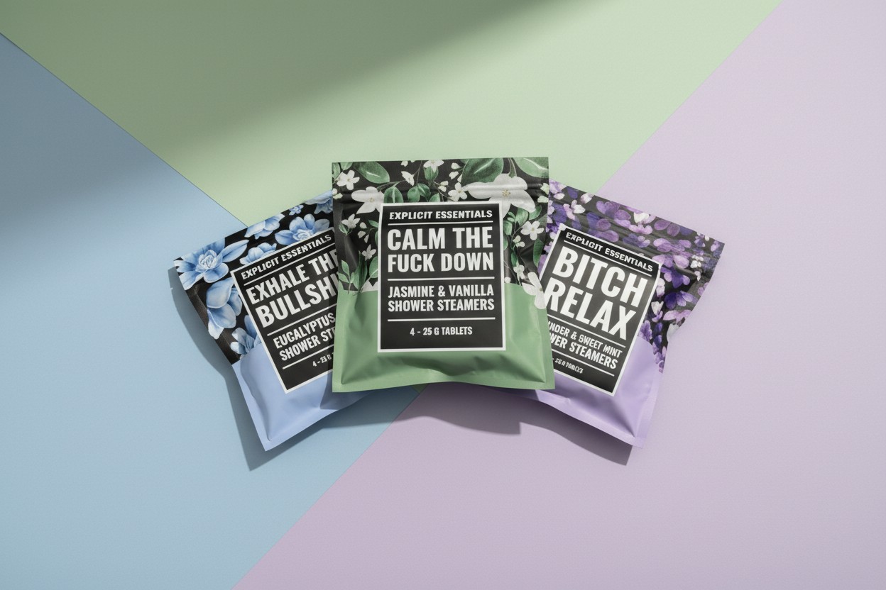 Three small packages of shower steamers with bold labels, arranged on a pastel-colored background.
