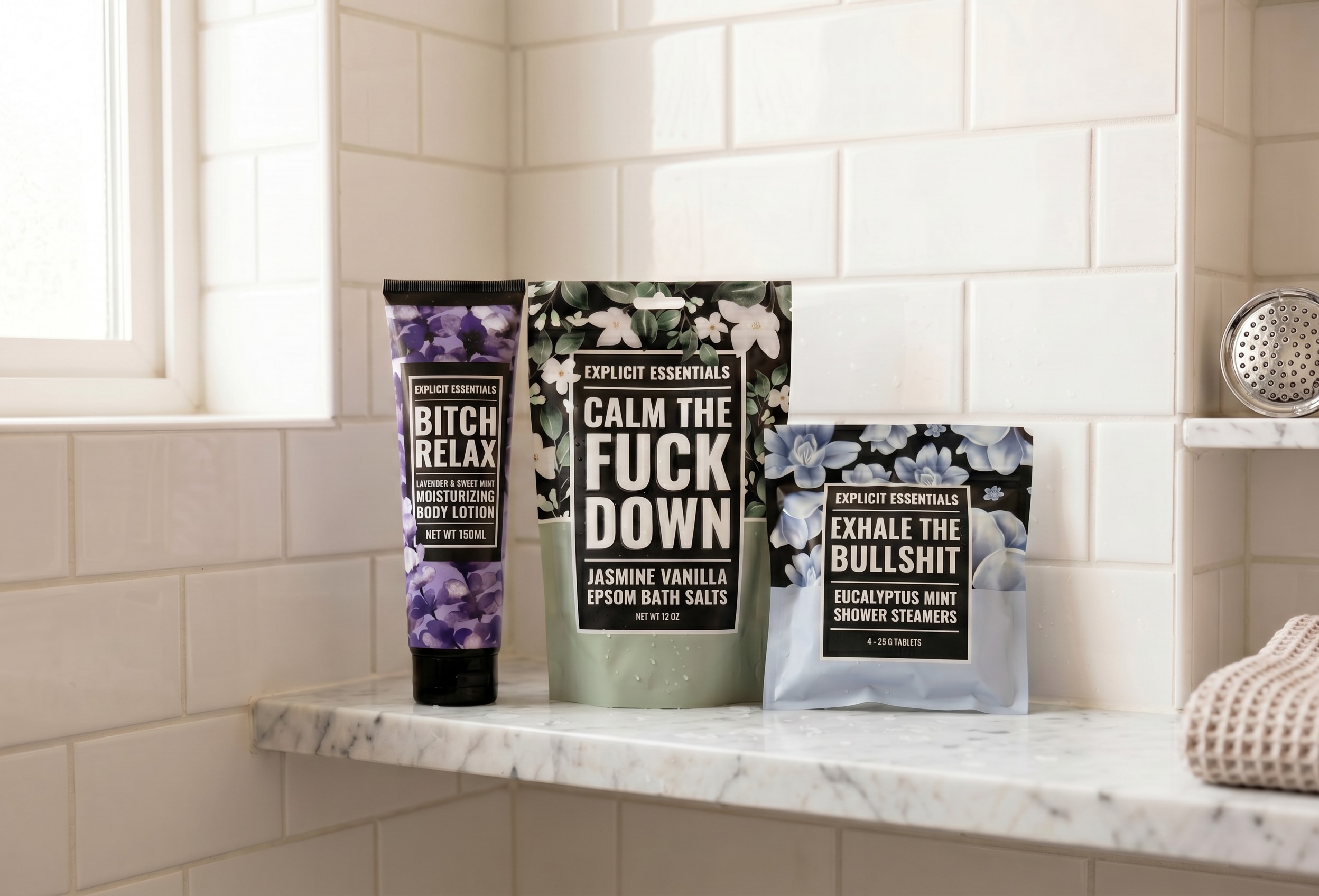 Three skincare or cosmetic products with bold labels on a white marble surface in a bathroom, with a window nearby.