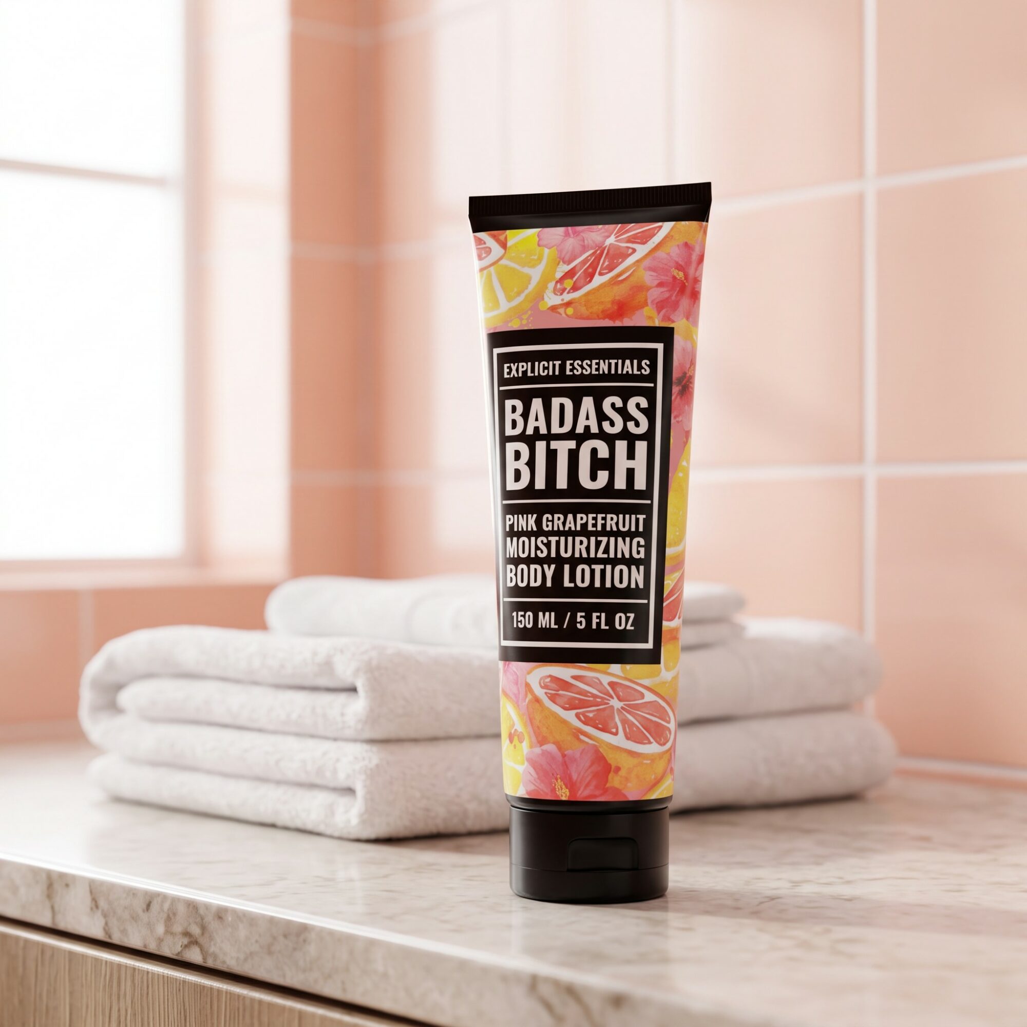 Tube of body lotion labeled 'Explicit Essentials Badass Bitch Pink Grapefruit Moisturizing Body Lotion' on a bathroom counter with towels, pink tiles, and a window in the background.