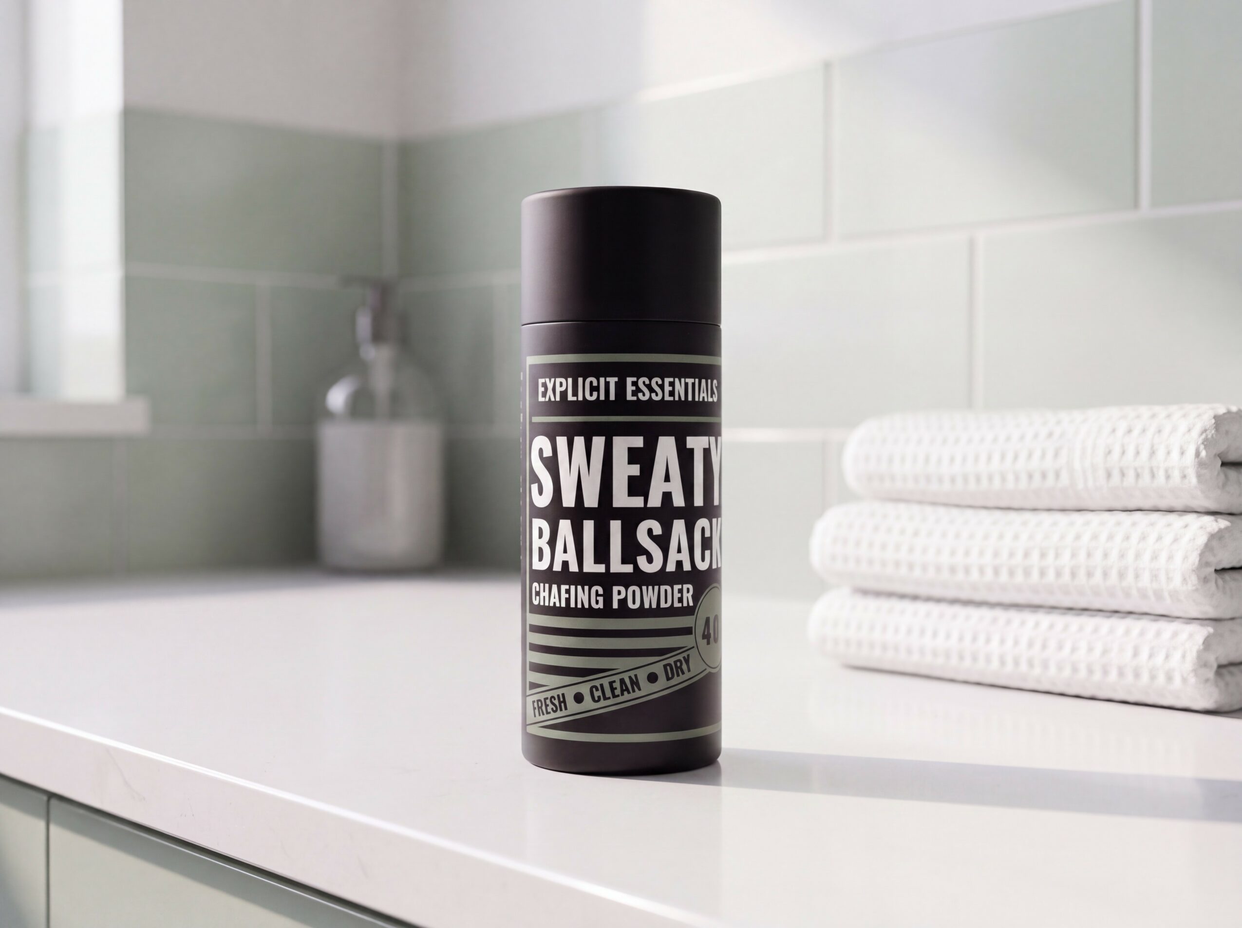 A black container labeled 'Sweat Ball Sack' on a bathroom counter with folded towels nearby.