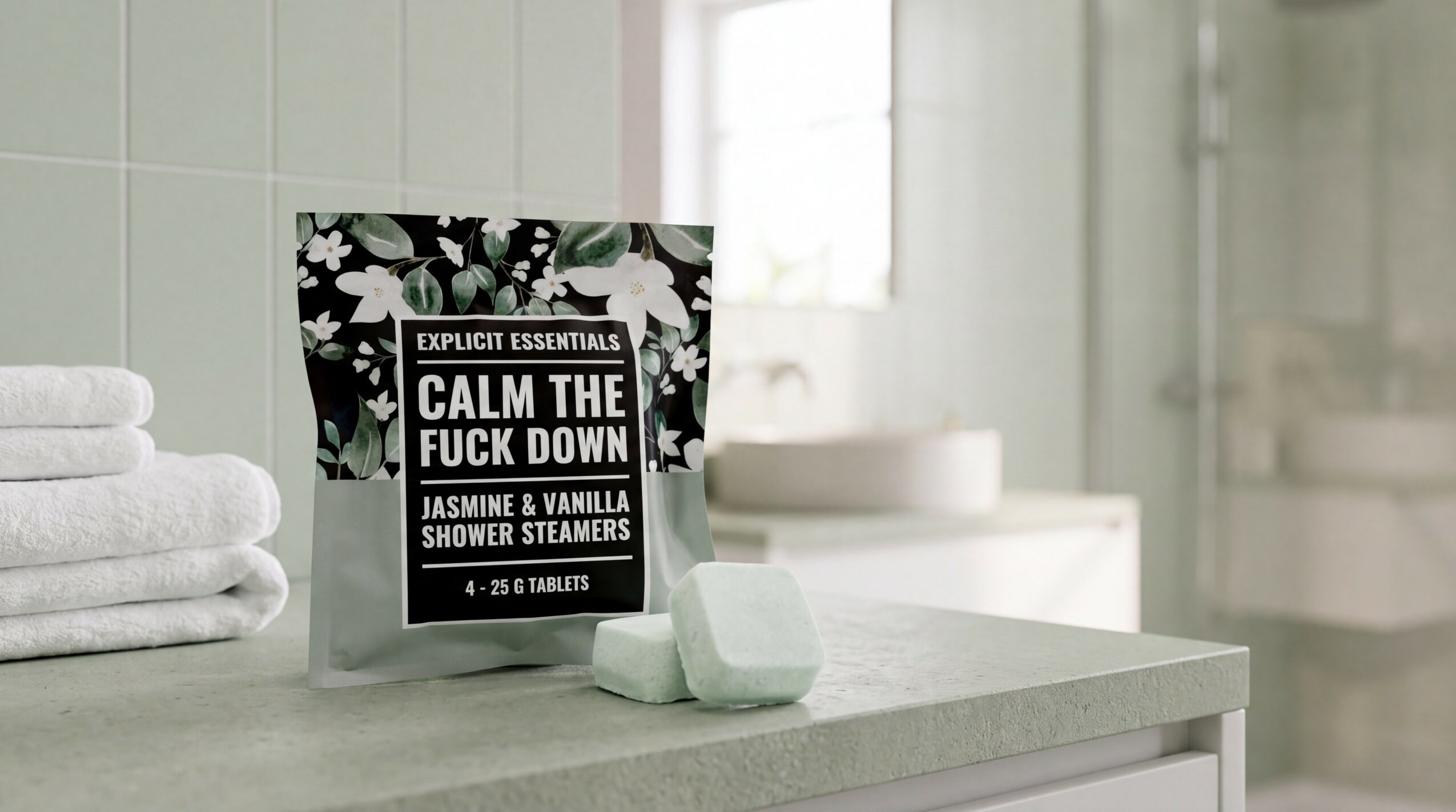Shower steamers and a package on a bathroom counter with towels and a sink in the background.